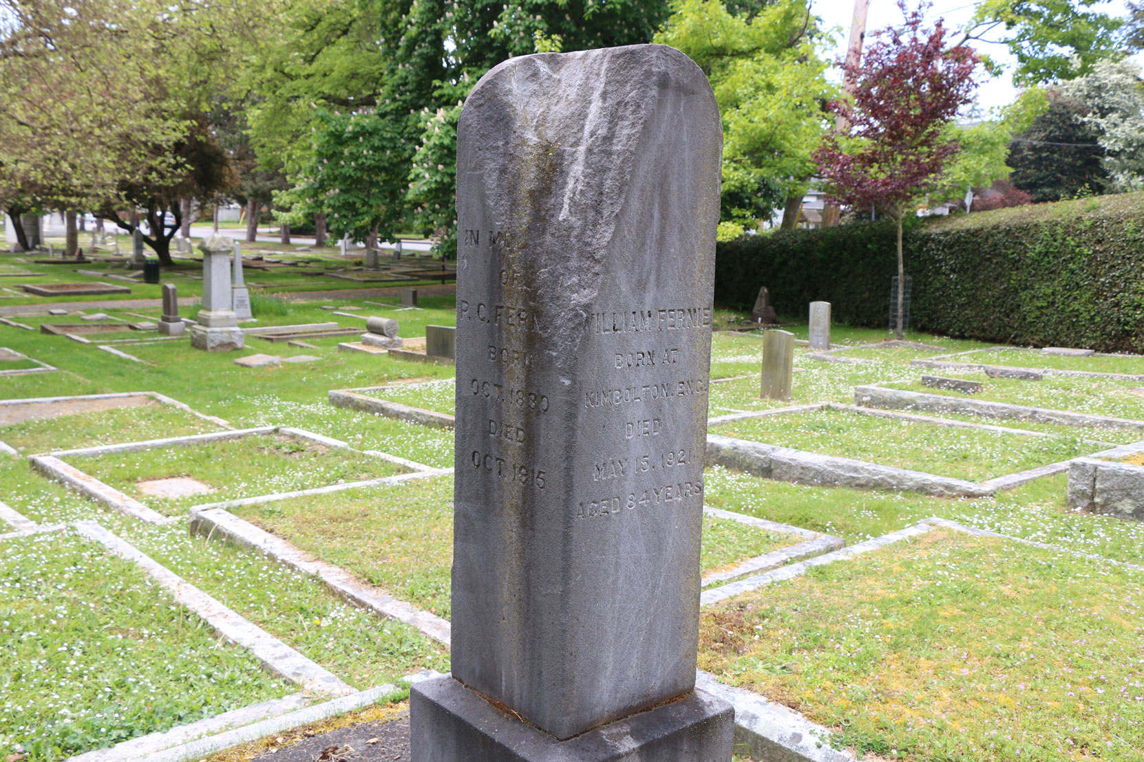 Damage to gravestone of Peter Fernie & William Fernie, Ross Bay Cemetery, Victoria, B.C. (photo by Mark Anderson)