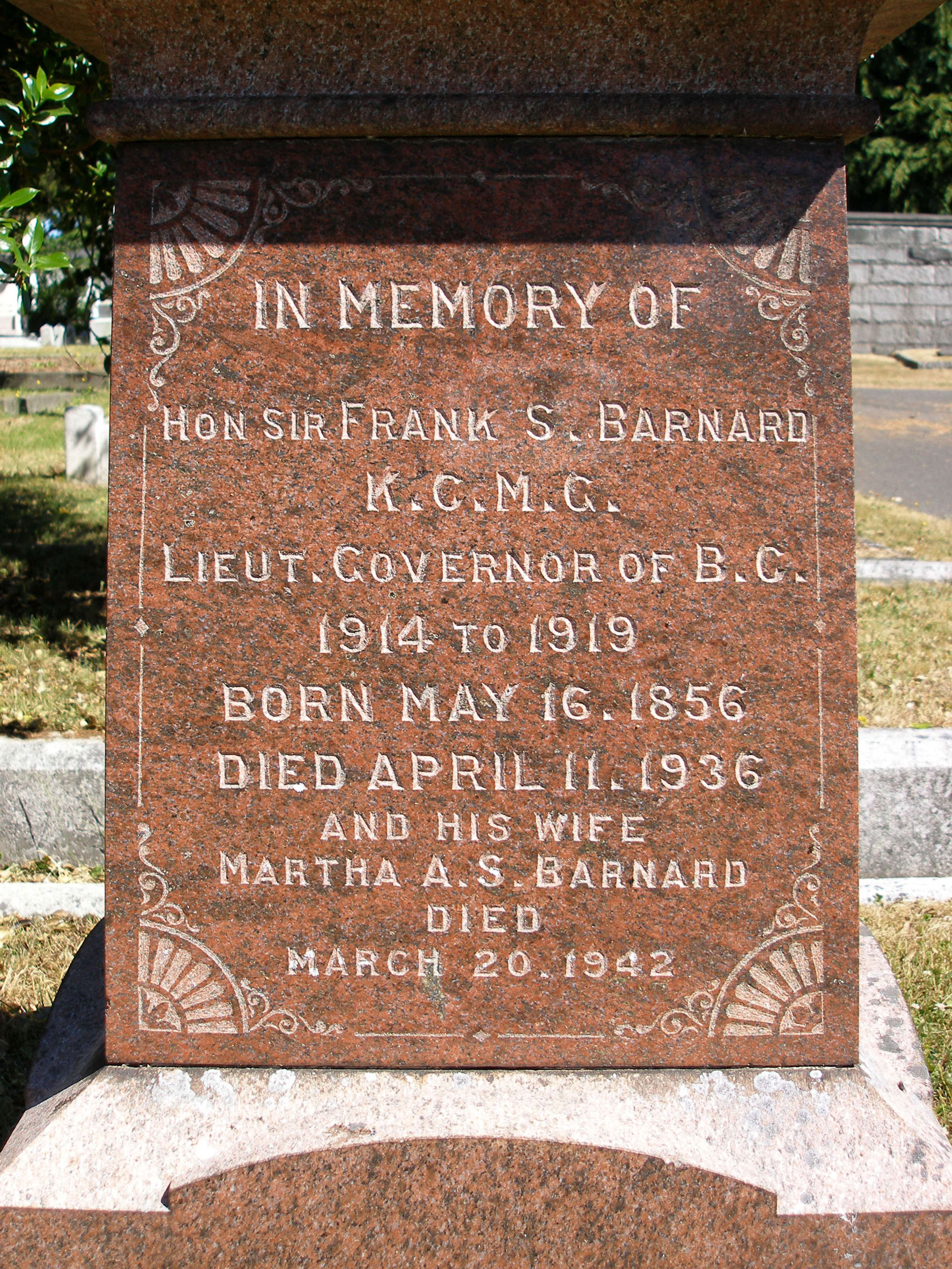 Sir Frank Stillman Barnard, grave inscription, Ross Bay Cemetery, Victoria, B.C. (photo by Mark Anderson)