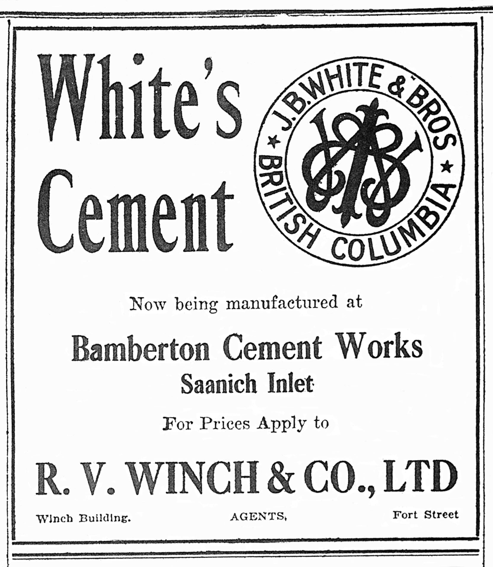 1913 newspaper advertisement for J.B. White cement, manufactured at the Bamberton Cement Works, Saanich Inlet. (Author's collection)