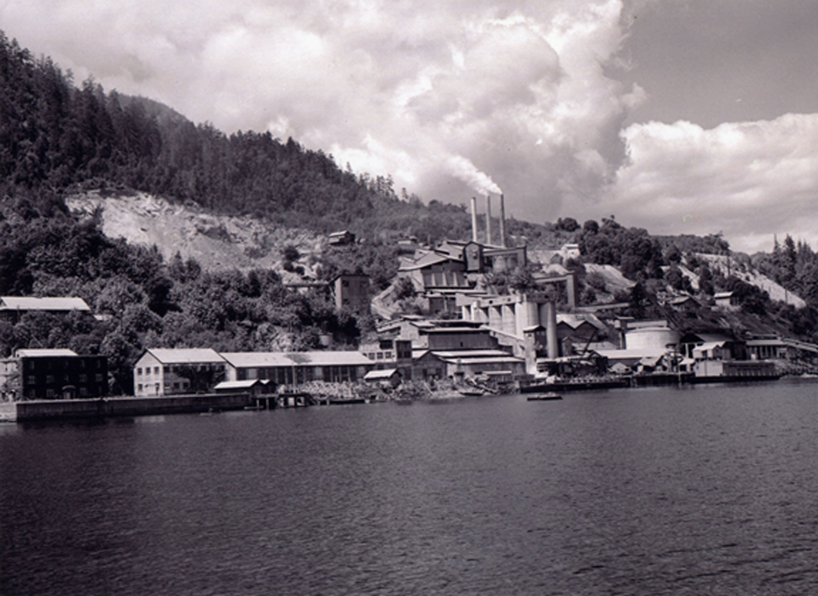 The Bamberton cement factory, viewed from the south east, circa 1946. This photo was released by the British Columbia Cement Company.