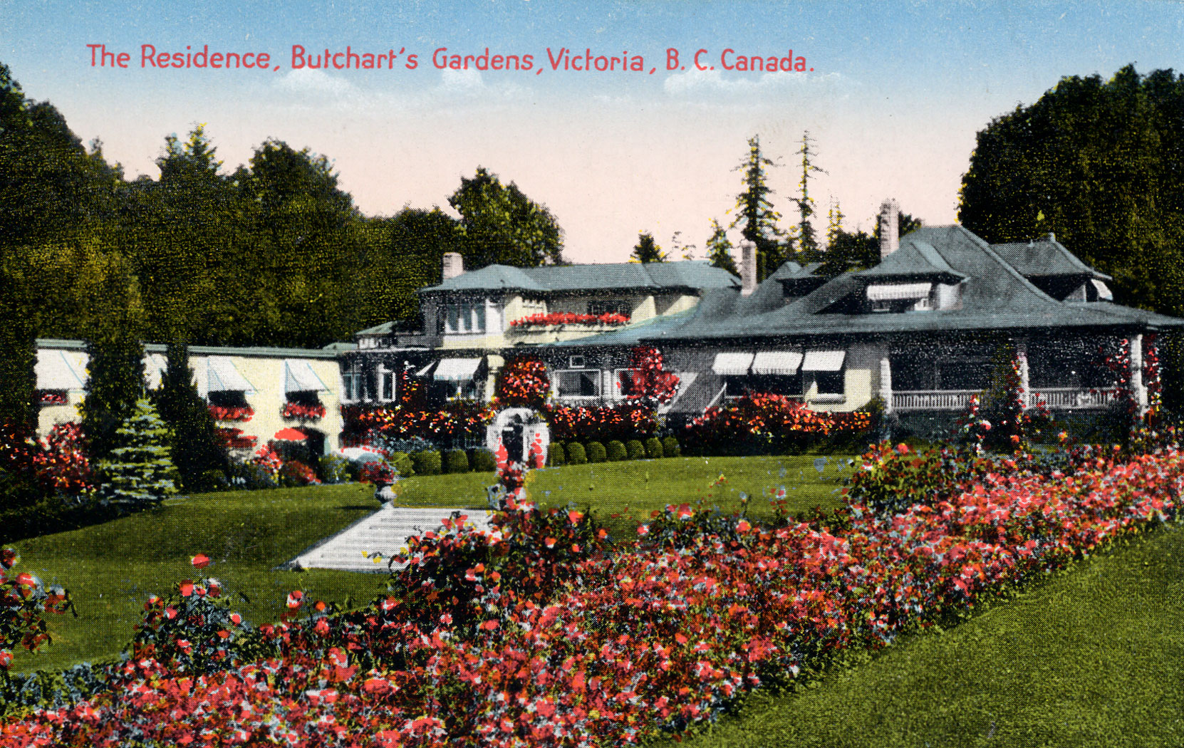 Postcard showing Benvenuto and the Italian Garden, circa 1930,, following construction of the 1929 addition to the east side of Benvenuto and the Italian Garden. (Author's collection)