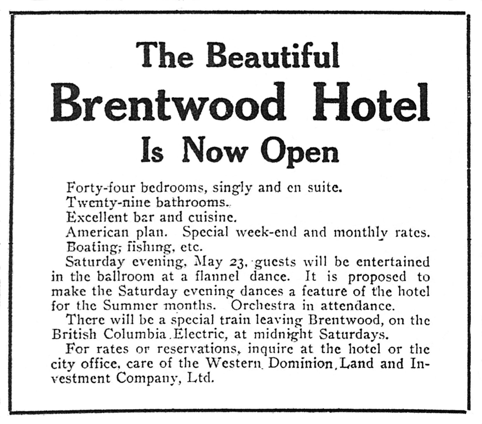 Victoria newspaper advertisement for Brentwood Hotel, May 1914 (Author's collection)