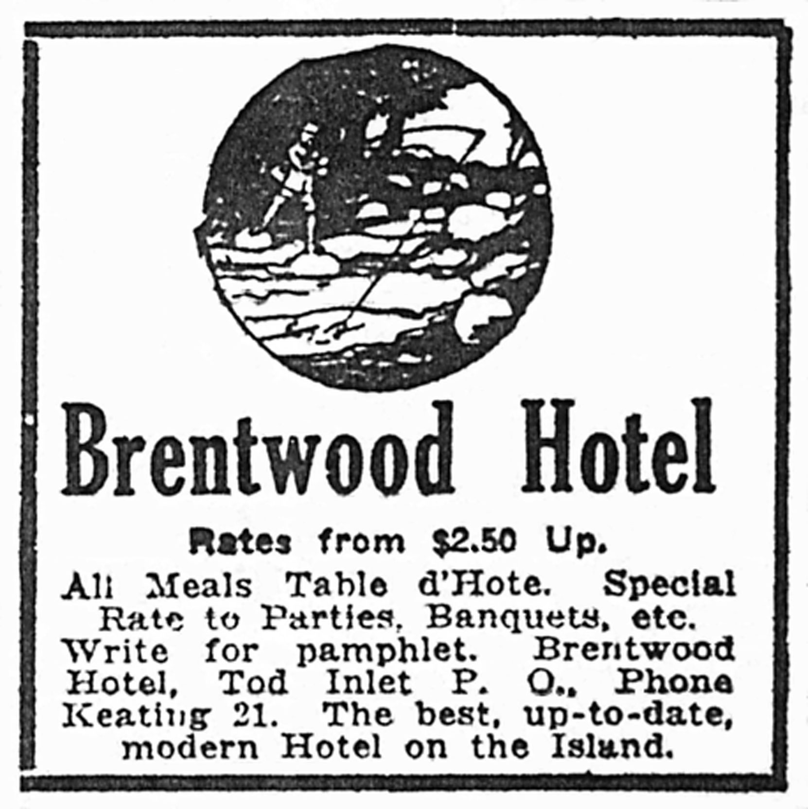 Victoria newspaper advertisement for Brentwood Hotel, July 1921 (Author's collection)