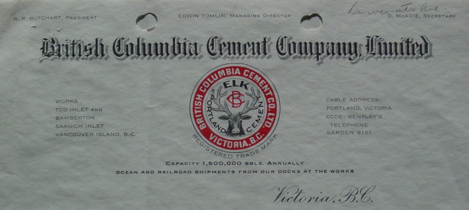 British Columbia Cement Company letterhead, 1923 (Author's collection)