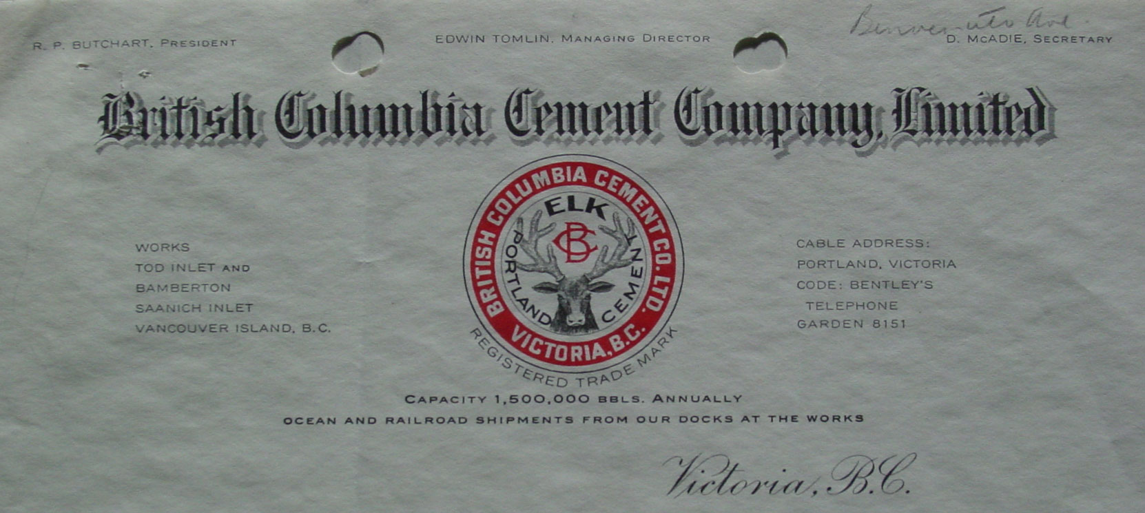 British Columbia Cement Company letterhead, 1923 (Author's collection)