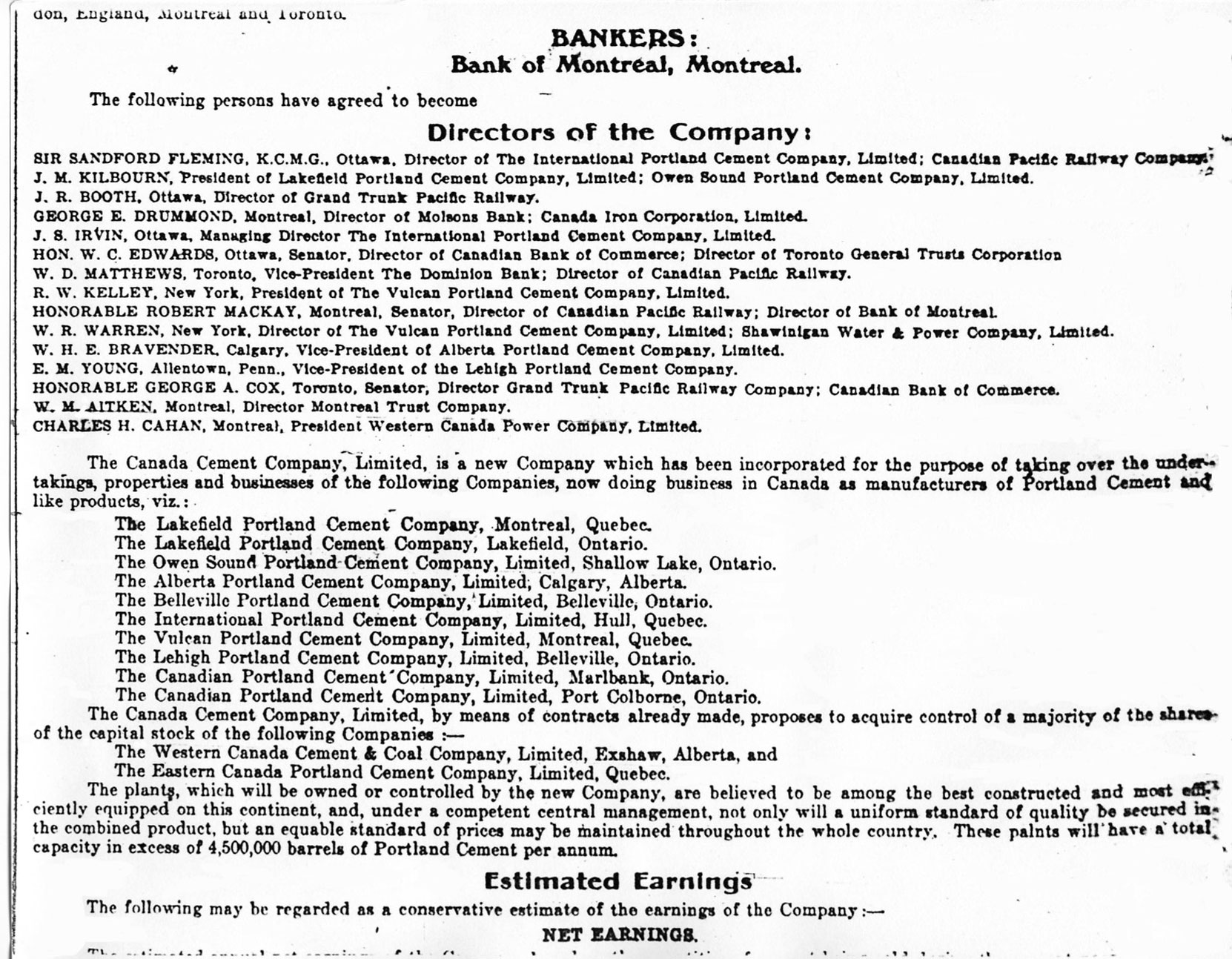 List of Canada Cement Company Directors, taken from a newspaper advertisement, 1909 (Author's collection)