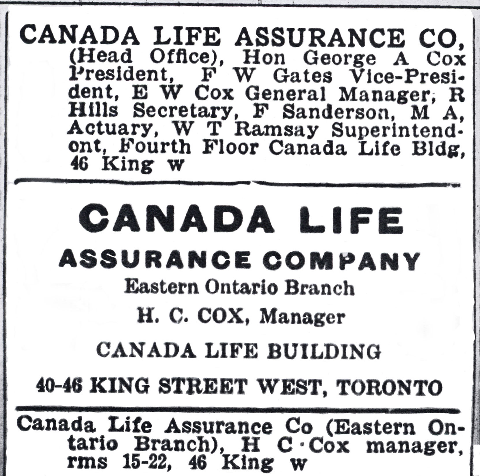 Canada Life Assurance Company advertisement, 1904, showing Senator George Albertus Cox as President (Author's collection)