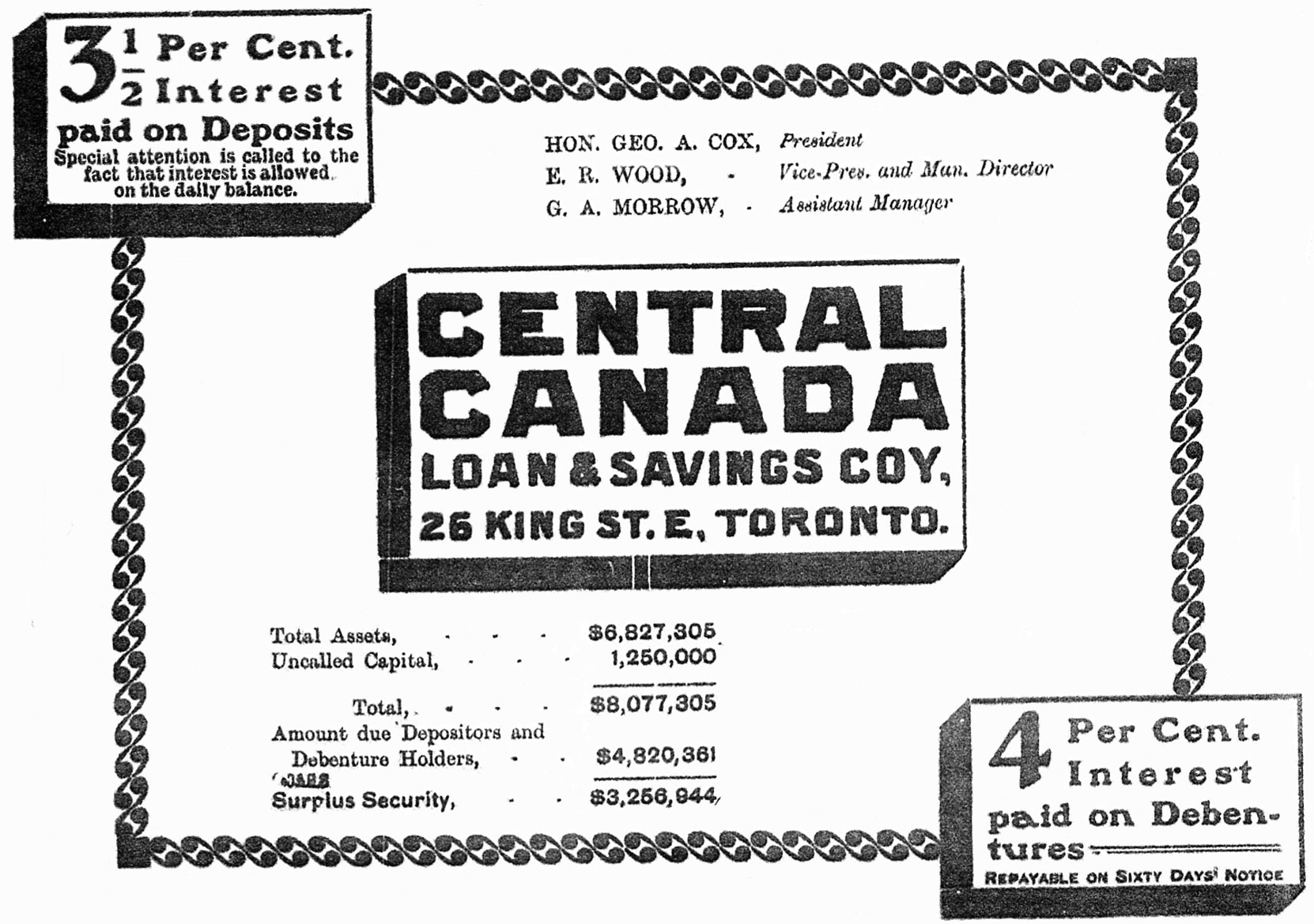 Central Canada Loan & Savings Company advertisement, 1904. Note Senator George A. Cox, President and Edward Rogers Wood, Vice President and Managing Director. (Author's collection)