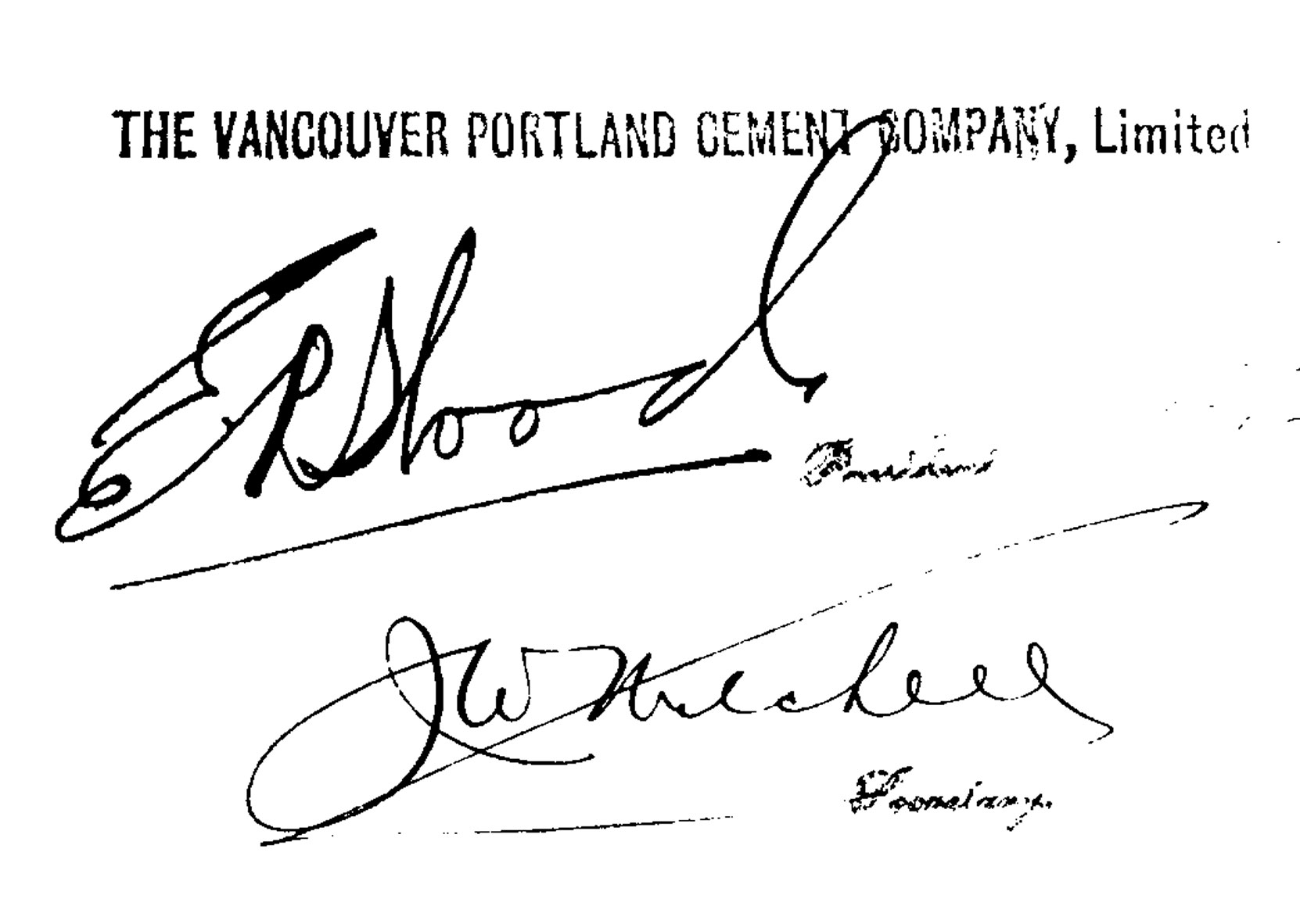 Signatures of Edward Rogers Wood and John Worth Mitchell on a vancouver Portland Cement Company document, 1910 (Author's collection)