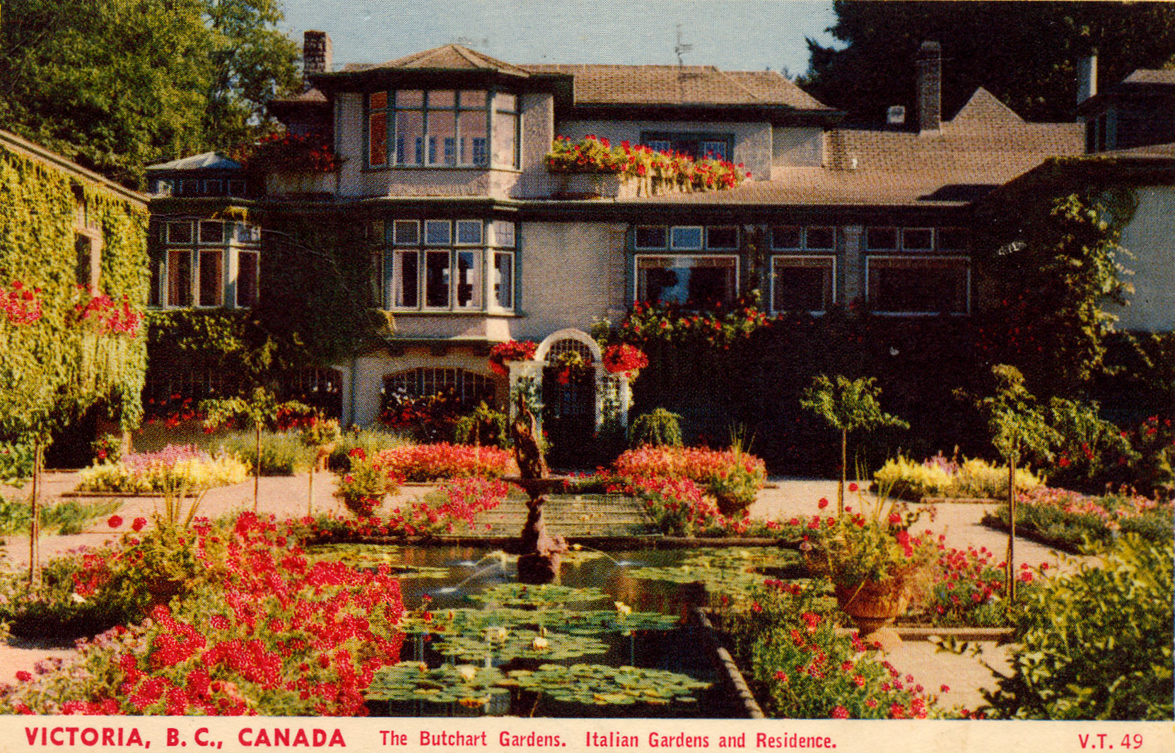 Postcard, postmarked May 1954, of the Italian Garden, looking south toward Benvenuto. (Author's collection)