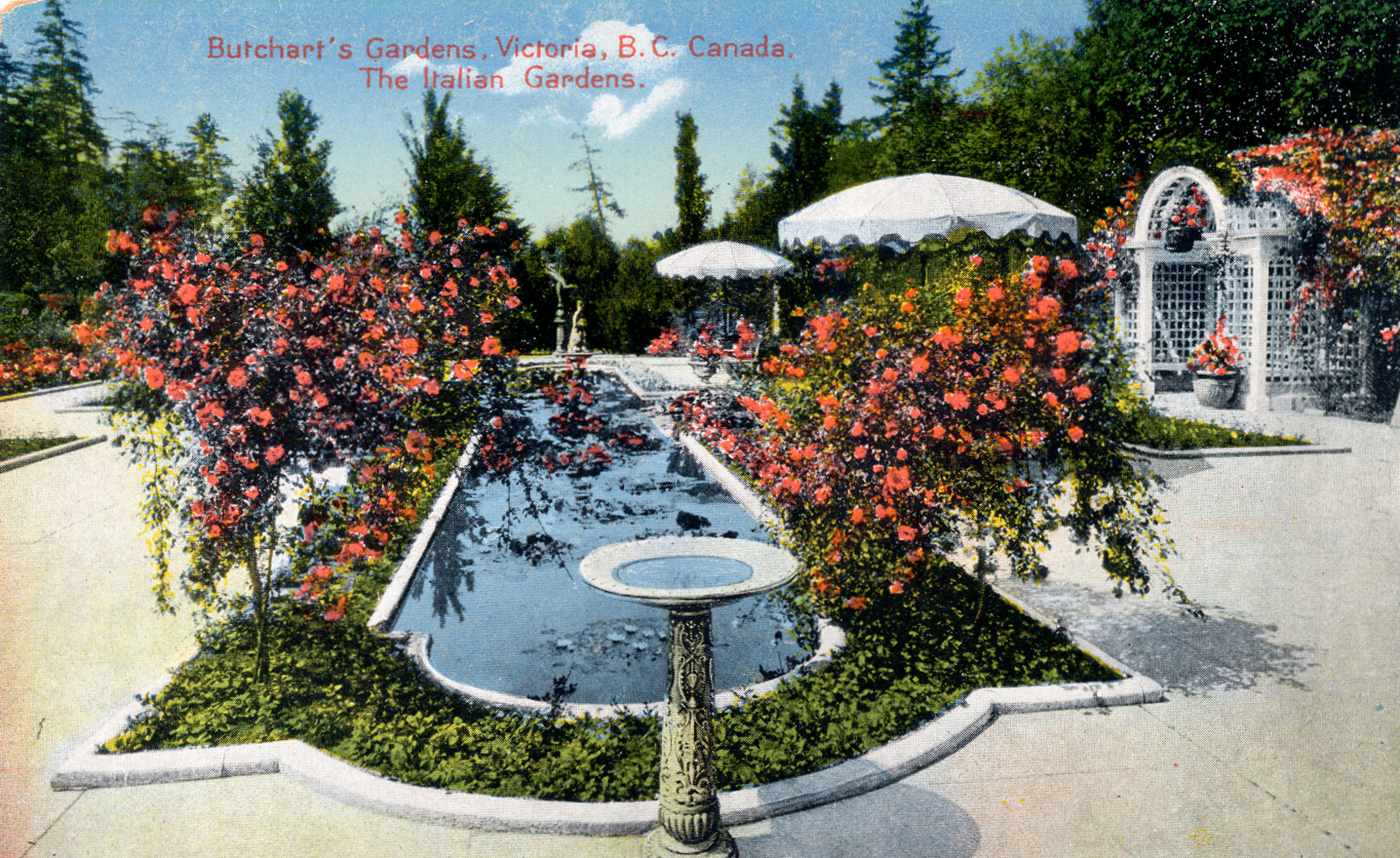 Postcard of the Italian Garden, looking north, circa 1926-1928, prior to the construction of the 1929 addition to Benvenuto on the east side (right) of the Italian Garden. (Author's collection)