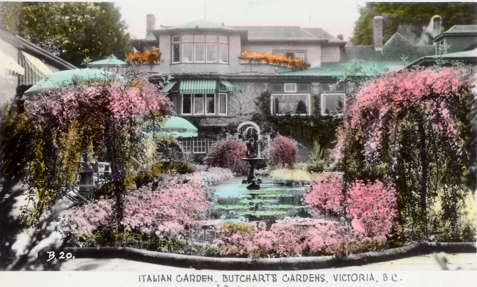 Postcard, dated 1944, showing the Italian Garden and Benvenuto (Author's collection)