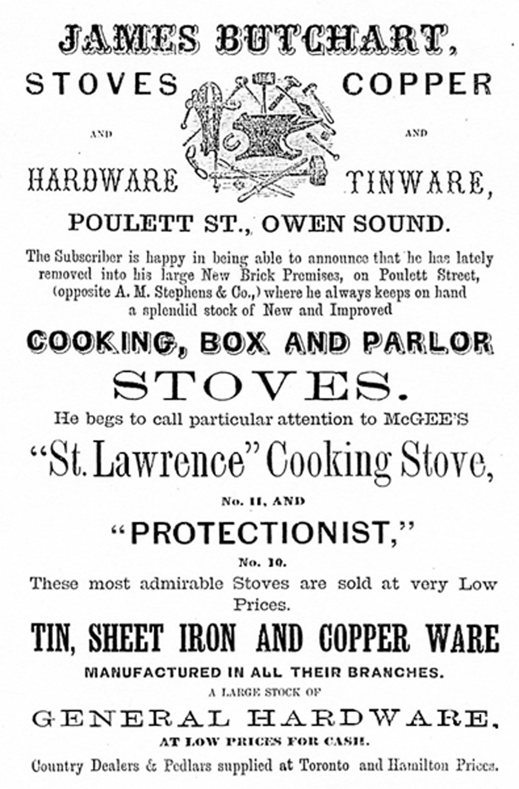 Advertisement for James Butchart's "General Hardware" business, Owen Sound, Ontario, 1864 (Author's collection)