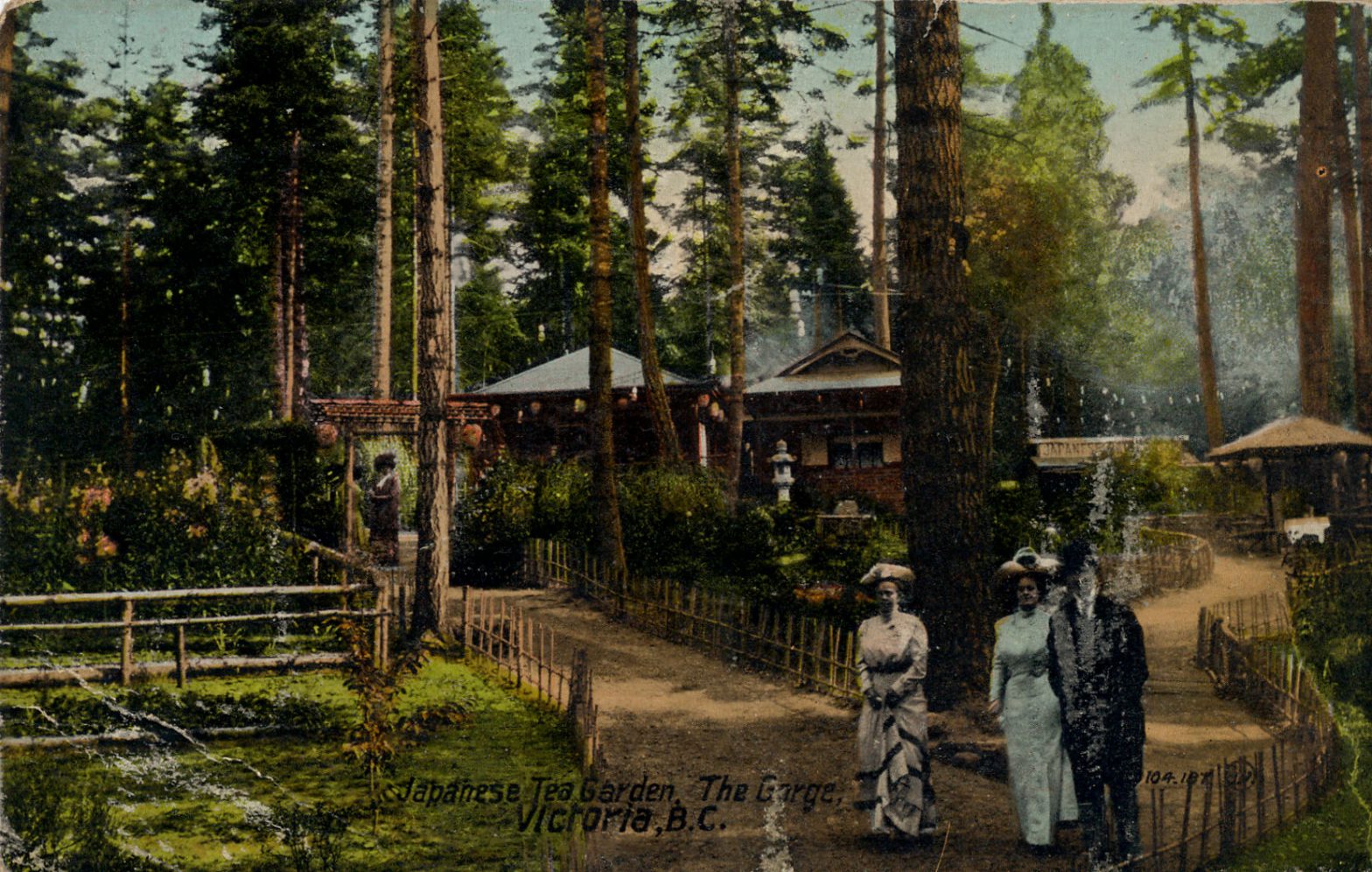 Postcard of the Japanese Tea Garden designed by Isaburo Kishidaat Gorge Park, Victoria, B.C. This postcard is postmarked in 1913.(Author's collection)
