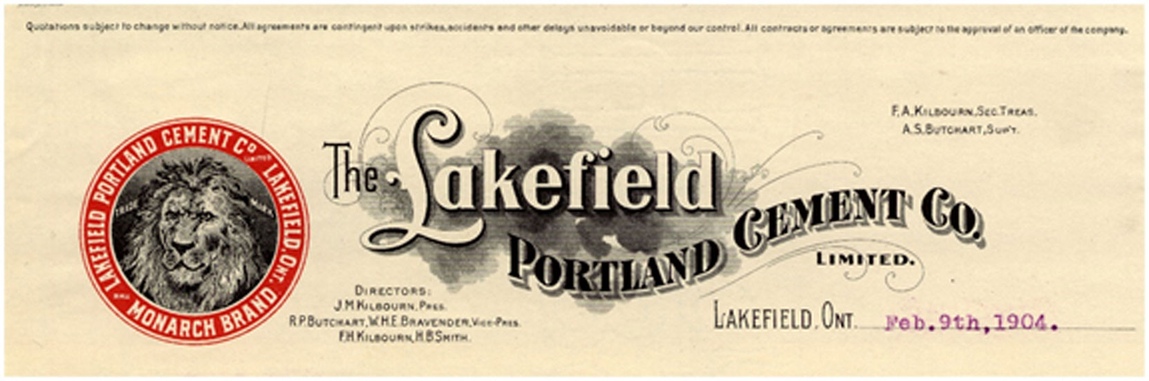 Lakefield Portland Cement Company letterhead, 1904 (Author's collection)