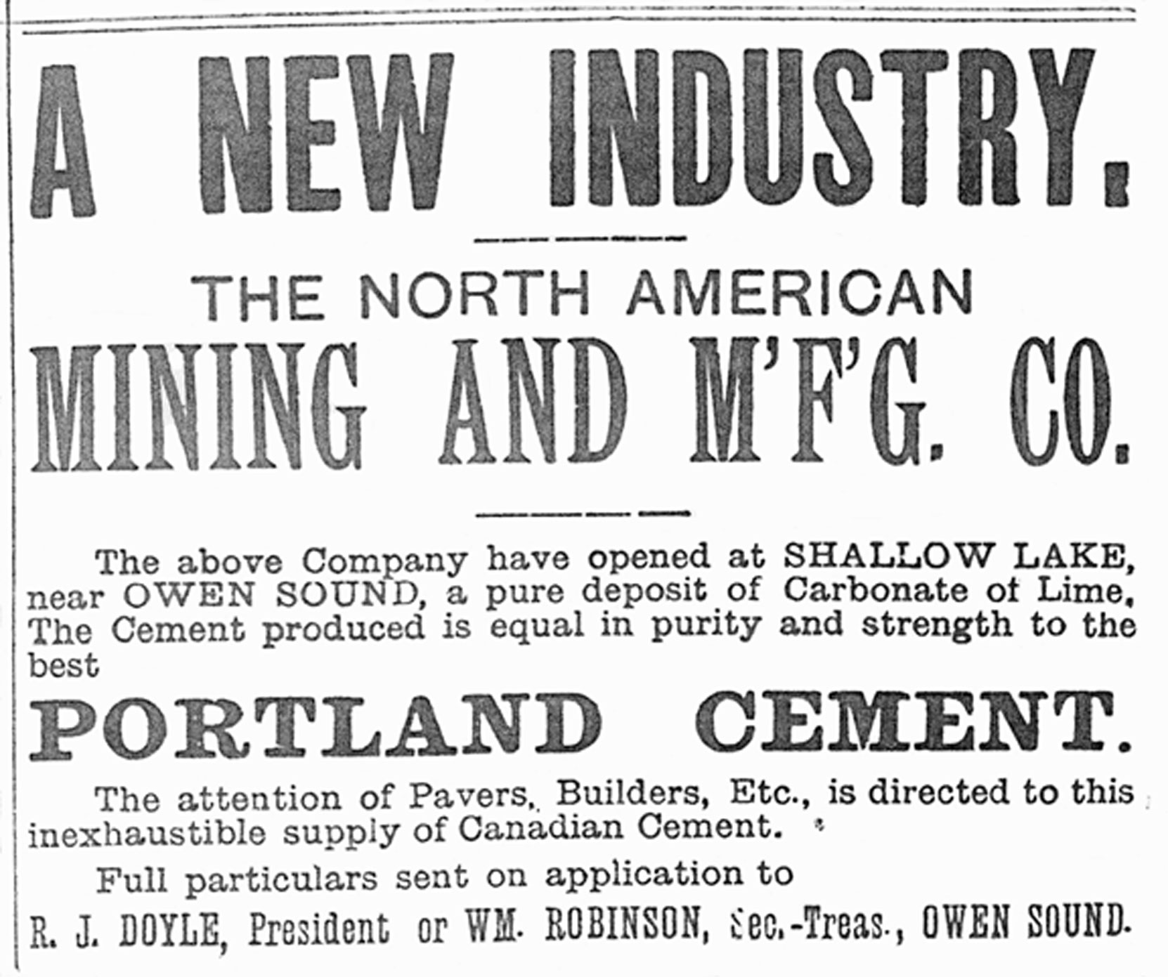 Advertisement for the newly incorporated North American Mining And Manufacturing Company, of Shallow Lake, Ontario, August 1889 (Author's collection)