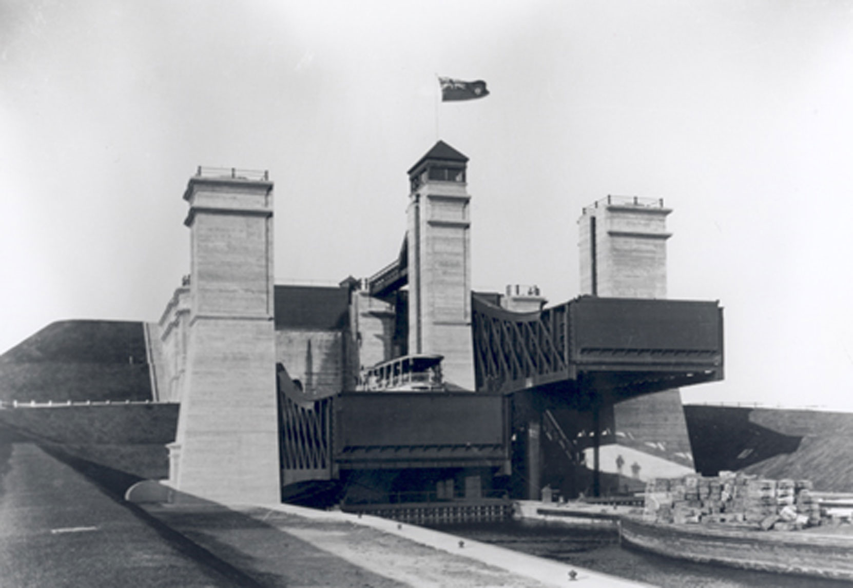 The finished Peterborough Hydraulic Lift Lock with Steamer and barge, 1904. Construction of this lock required 19,879 cubic meters of concrete, much of it made with cement supplied by the Lakefield Portland Cement Company. The Peterborough Lift Lock is still operational and has been designated a Canadian Heritage Site. (Photo courtesy of Parks Canada, Trent-Severn Waterway Historic Photo Collection)