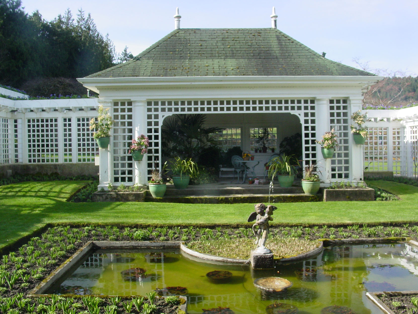 Jennie Butchart's Private Garden, designed and built in 1920-1921 by architect Samuel Maclure. This photo was taken from the Sun Room in March (photo by Author)