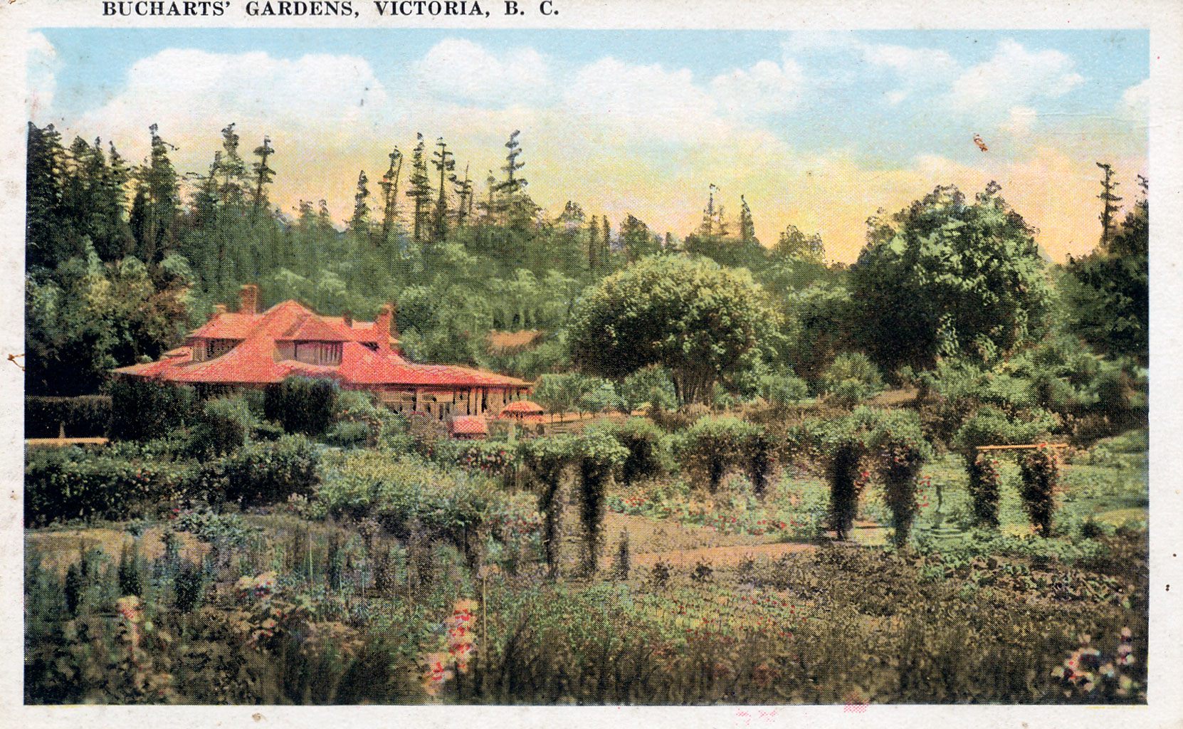 Postcard showing Benvenuto, viewed from the west, circa 1919-1920, prior to the construction of the Private Garden in 1921 and the Rose Garden in 1929. The foreground shows the "Kitchen Garden" which is now the site of the Rose garden. (Author's collection)