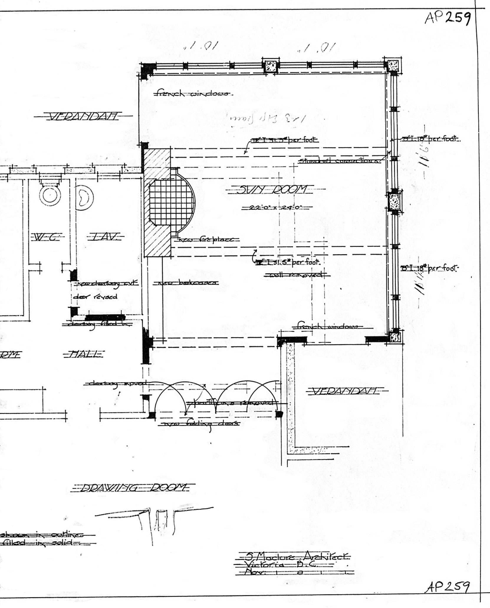 Detail from Samuel Maclure drawing for floor plan of Sun Room addition to Benvenuto, 1911. (courtesy of UVic Library - Special Collections)