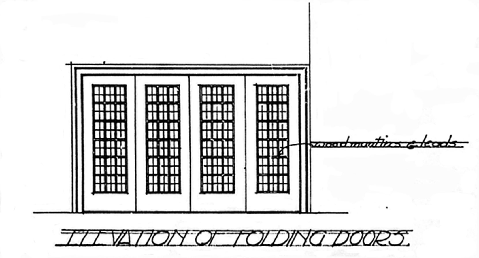 Detail from Samuel Maclure drawing for interior detail of Sun Room addition to Benvenuto, 1911. These "Folding Doors" are still in place. (courtesy of UVic Library - Special Collections)