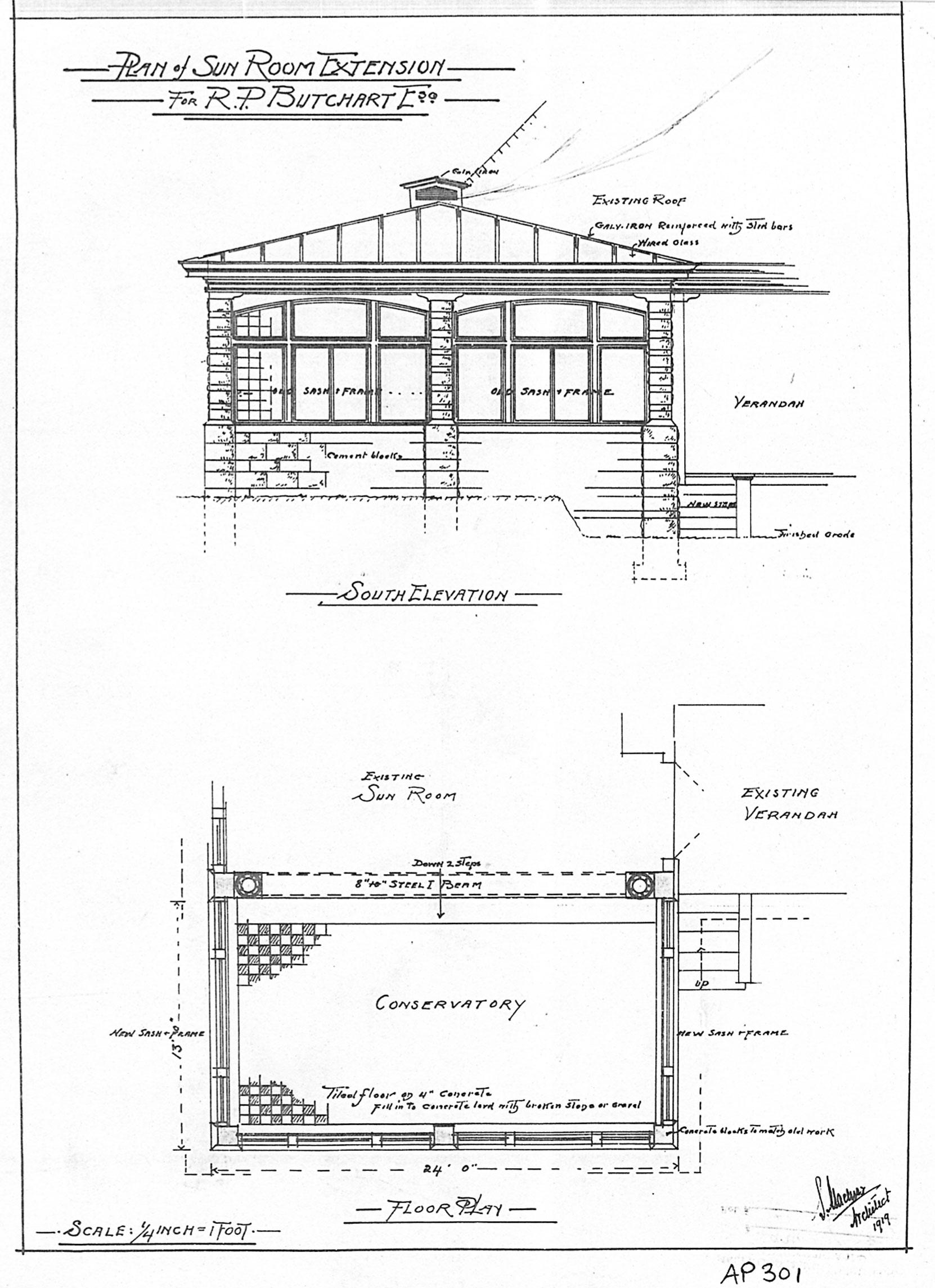 Detail from Samuel Maclure drawing for "Sun Room Extension" at Benvenuto, 1919. The original Sun Room addition had been designed by Samuel Macure in 1911. (courtesy of UVic Library - Special Collections)