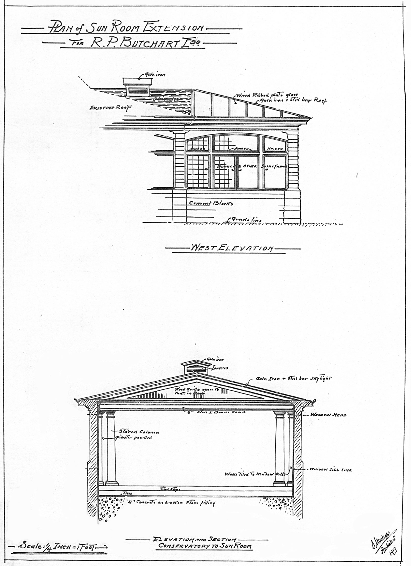 Detail from Samuel Maclure drawing for "Sun Room Extension" at Benvenuto, 1919. The original Sun Room addition had been designed by Samuel Macure in 1911. (courtesy of UVic Library - Special Collections)