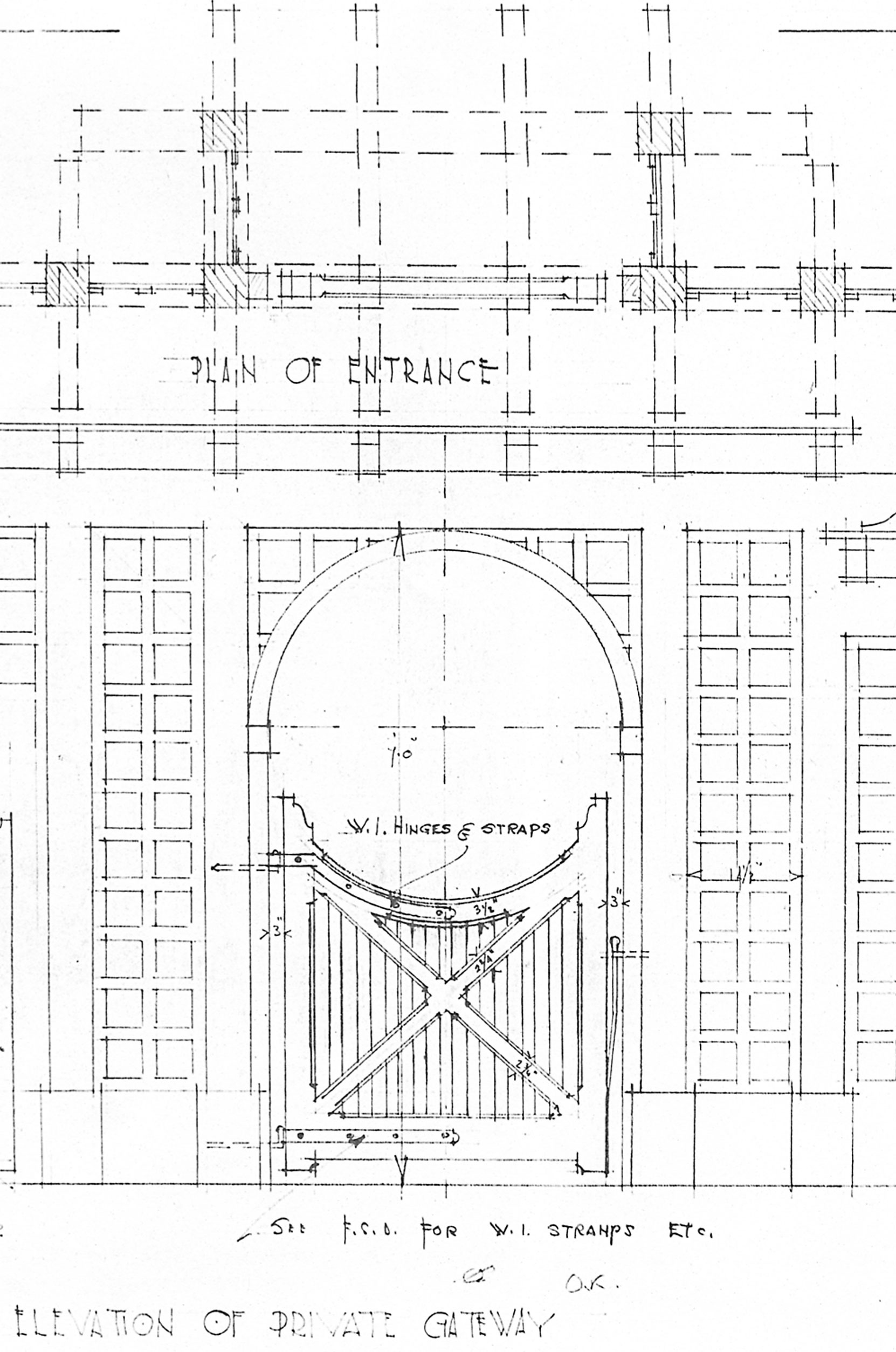 Detail from Samuel Maclure drawing of gate for Jennie Butchart's Private Garden, 1920. This design is still in place. (courtesy of UVic Library - Special Collections)