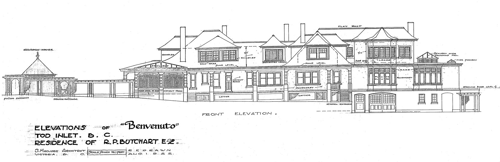 Samuel Maclure drawing of front (south) elevation of Benvento, 1922 (courtesy of UVic Library - Special Collections)