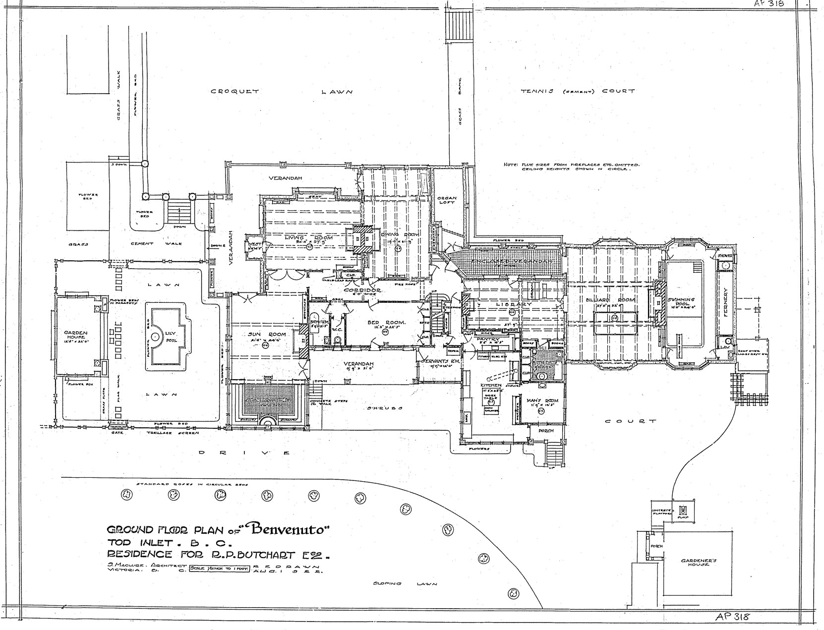 Samuel Maclure drawing of main floor plan of Benvento, 1922 (courtesy of UVic Library - Special Collections)