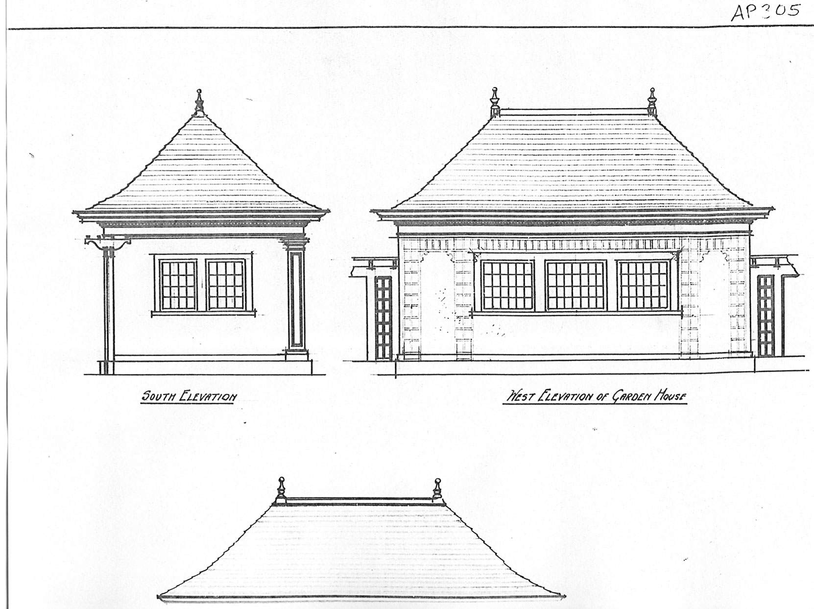 Detail from Samuel Maclure drawing for "Garden House & Trelliage" for Jennie Butchart's Private Garden, 1920. This design is still in place. (courtesy of UVic Library - Special Collections)