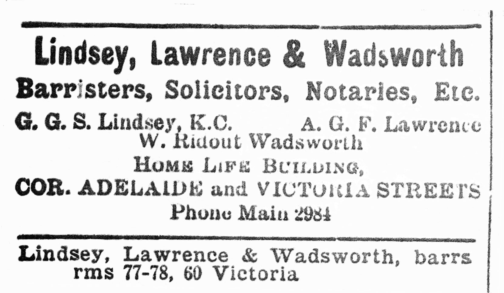 Toronto Directory listing for the law firm of Lindsey, Lawrence & Wadsworth, 1904