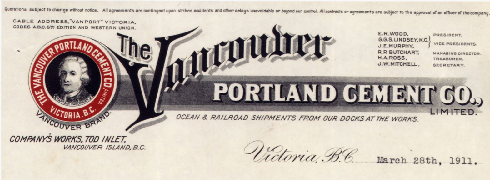Vancouver Portland Cement Company Limited, letterhead, 1911 (Author's collection)