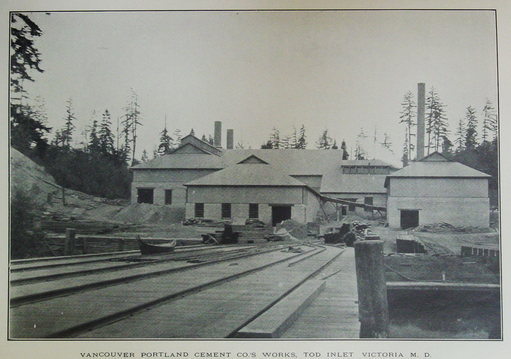 The Vancouver Portland Cement Company dock and plant at Tod Inlet, 1904. This photo appeared in the B.C. Minister of Mines Annual Report, 1904. (Author's collection)