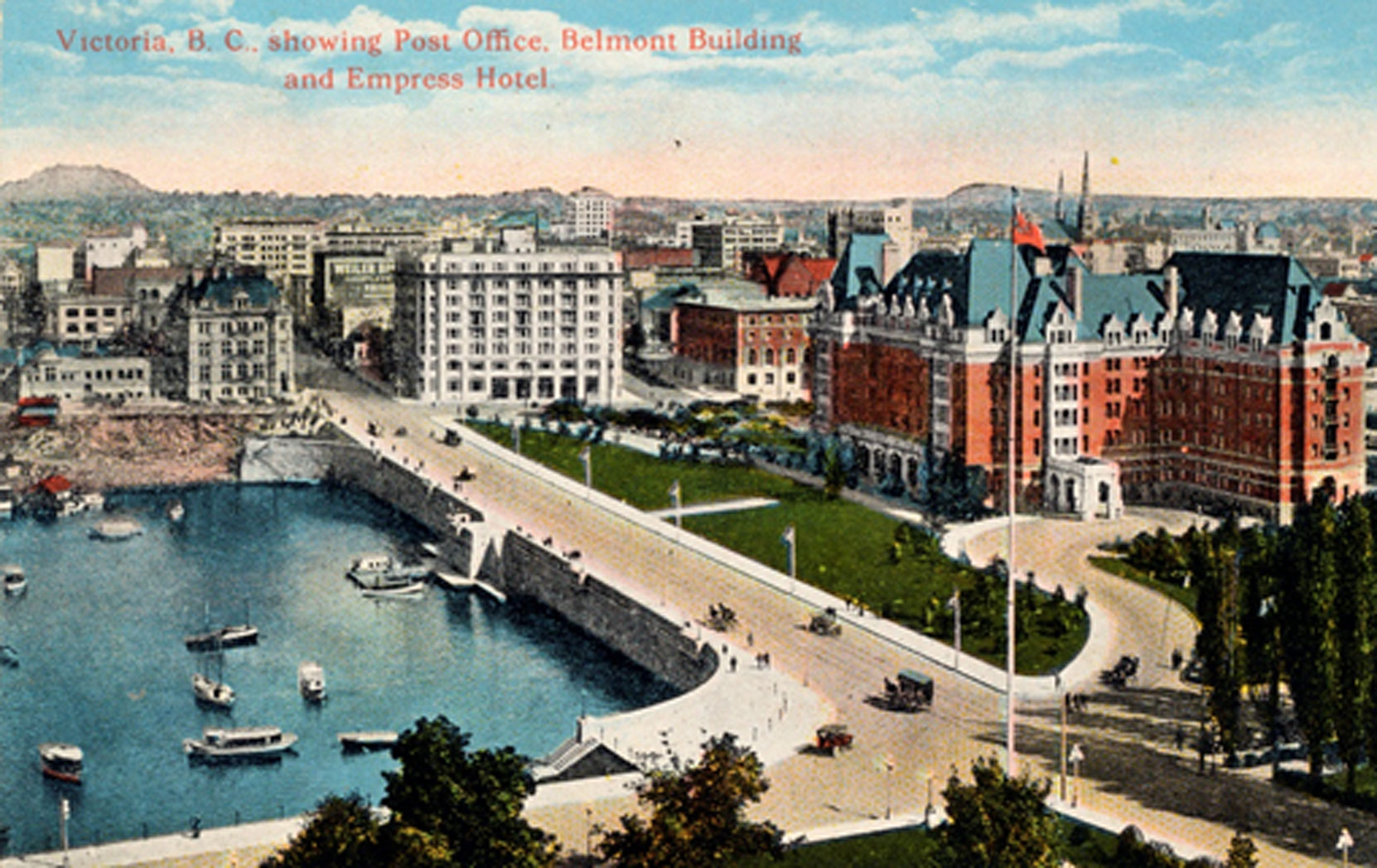 Postcard showing the Belmont Building, the Union Club, the Empress Hotel and the Causeway, circa 1925 (Author's collection)