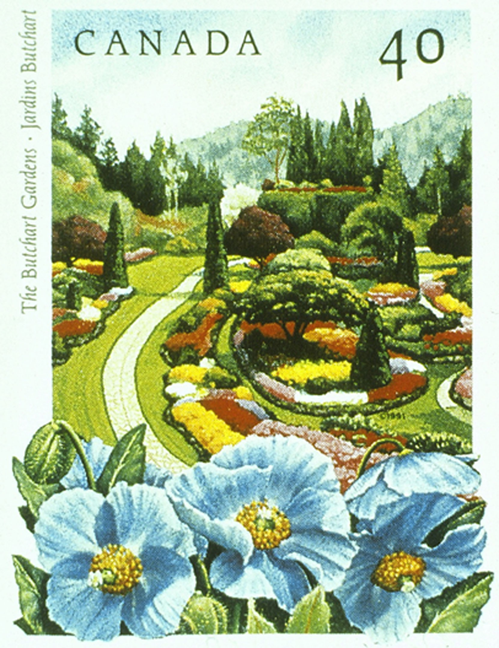 The Butchart gardens 40 cent postage stamp, issued by Canada Post as part of the Public Gardens series, 22 May 1991. (© Canada Post Corporation, 1991. Reproduced with Permission)