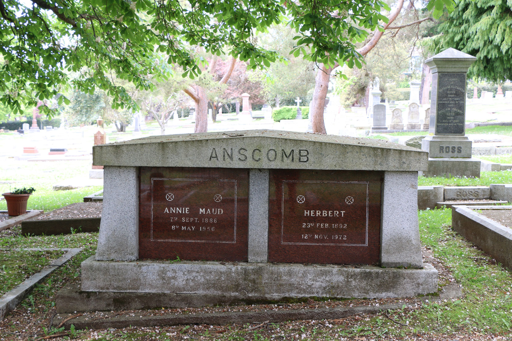 Herbet Anscomb grave, Ross Bay Cemetery, Victoria, B.C. herbert Anscomb, a Chartered Accountant, was one of the two Executors of Jennie Butchart's Estate. (photo by Author)