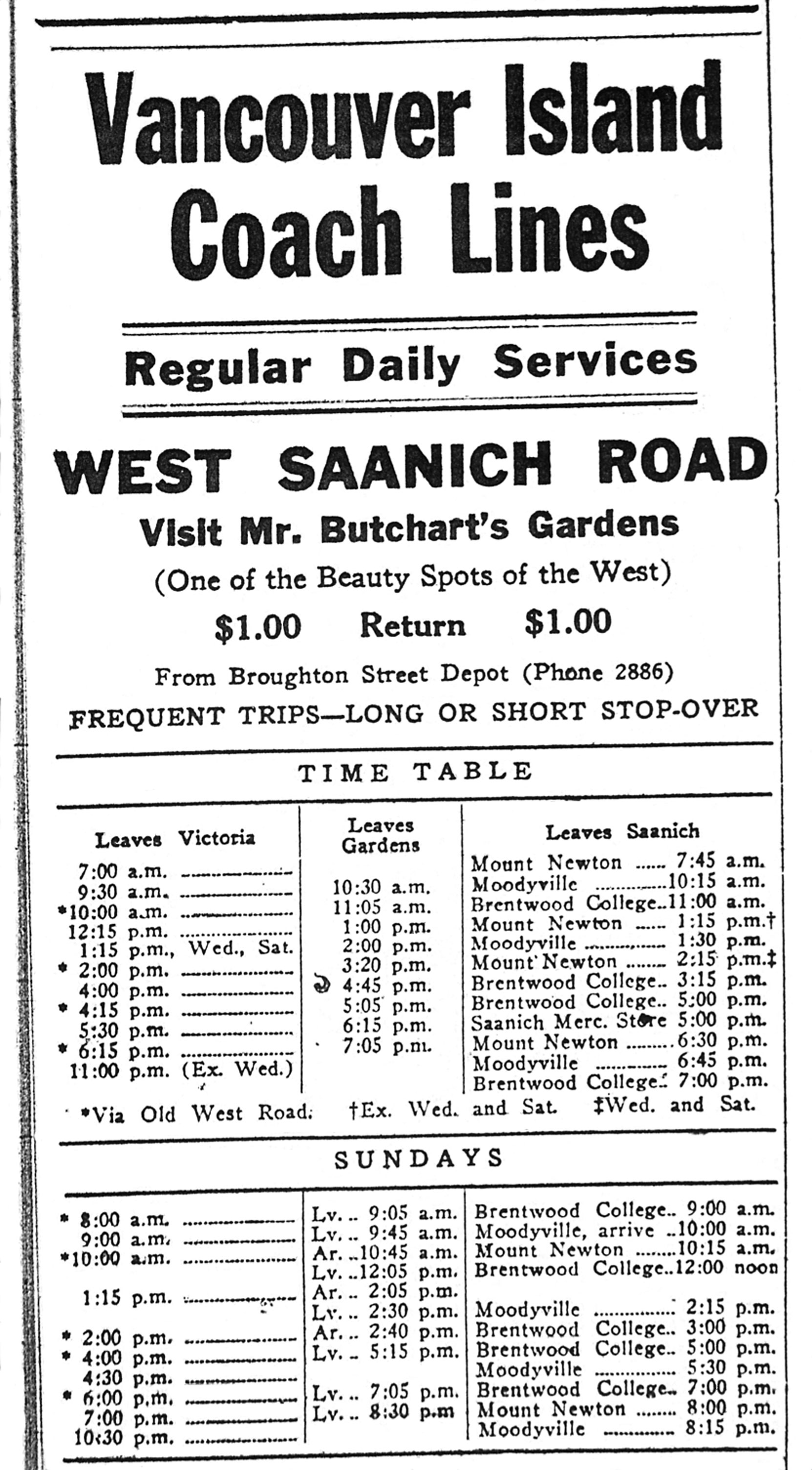 Vancouver Island Coach Lines schedule, June 1927 Note the reference to "Visit Mr. Butchart's Gardens". (Author's collection)