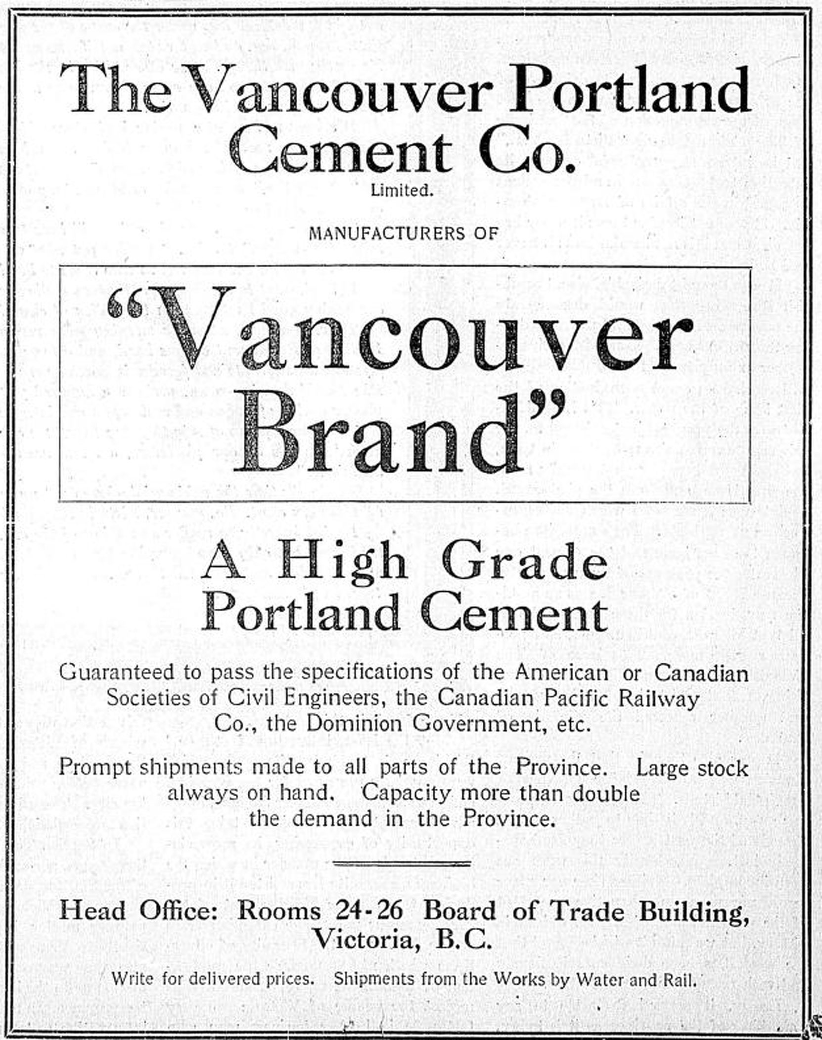 Vancouver Portland Cement Company advertisement, 1908 (Author's collection)