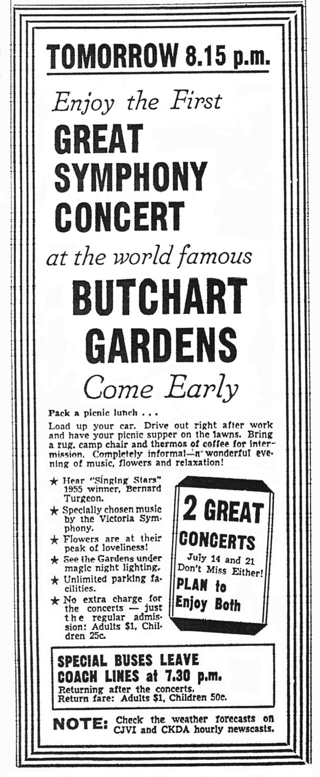 Newspaper advertisement for Butchart Gardens Concert featuring Bernard Turgeon, July 1955