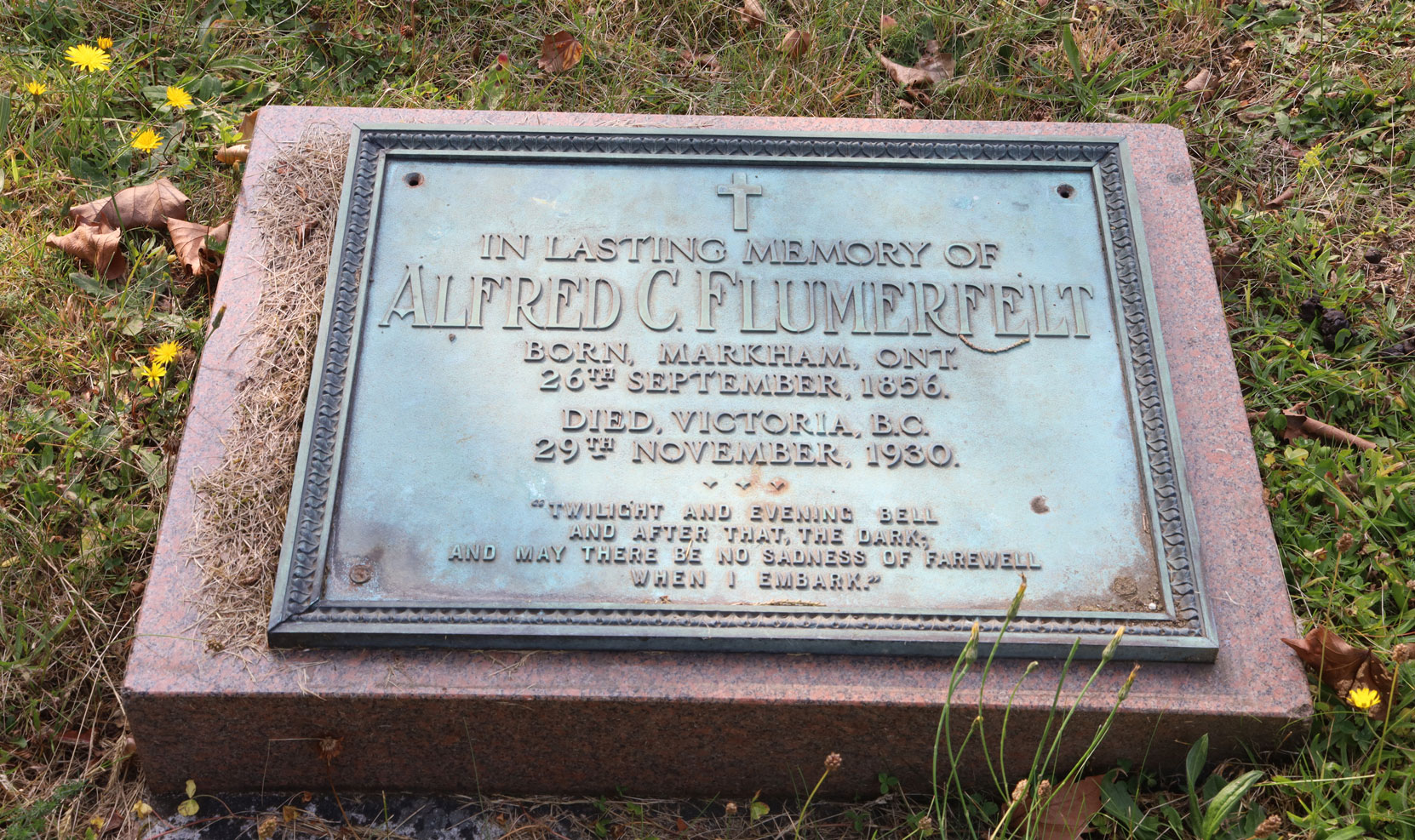 Alfred Cornelius Flumerfelt grave marker, Ross Bay Cemetery, Victoria, BC (photo by Author)