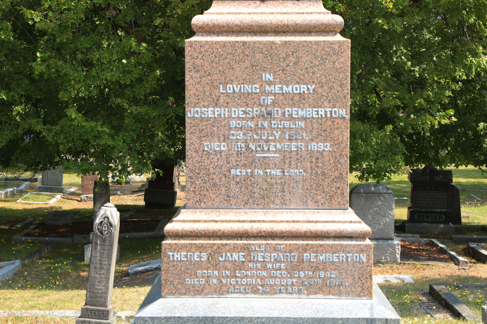 Joseph Despard Pemberton (1821-1893), grave inscription, Ross Bay Cemetery, Victoria, BC (photo: Mark Anderson)