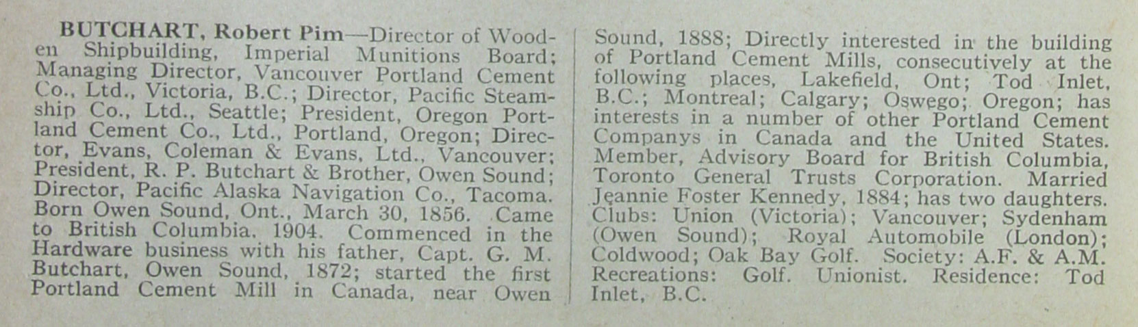 Robert Butchart's entry in the 1917 edition of Who's Who In Canada And Why.