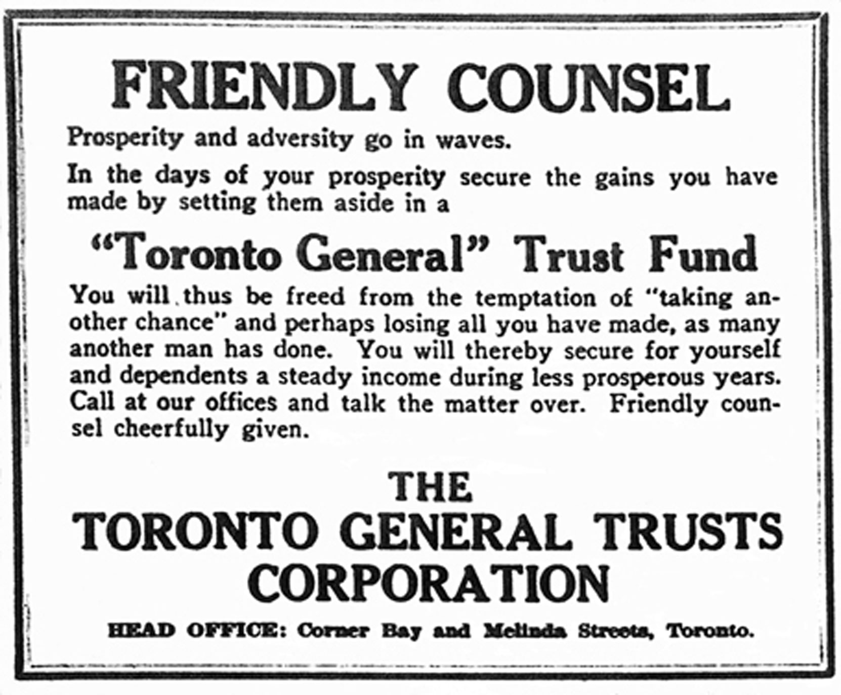 1920 advertisement for the Toronto General Trusts Corporation. Robert Butchart served on the company's B.C. Advisory Board. (Author's collection)