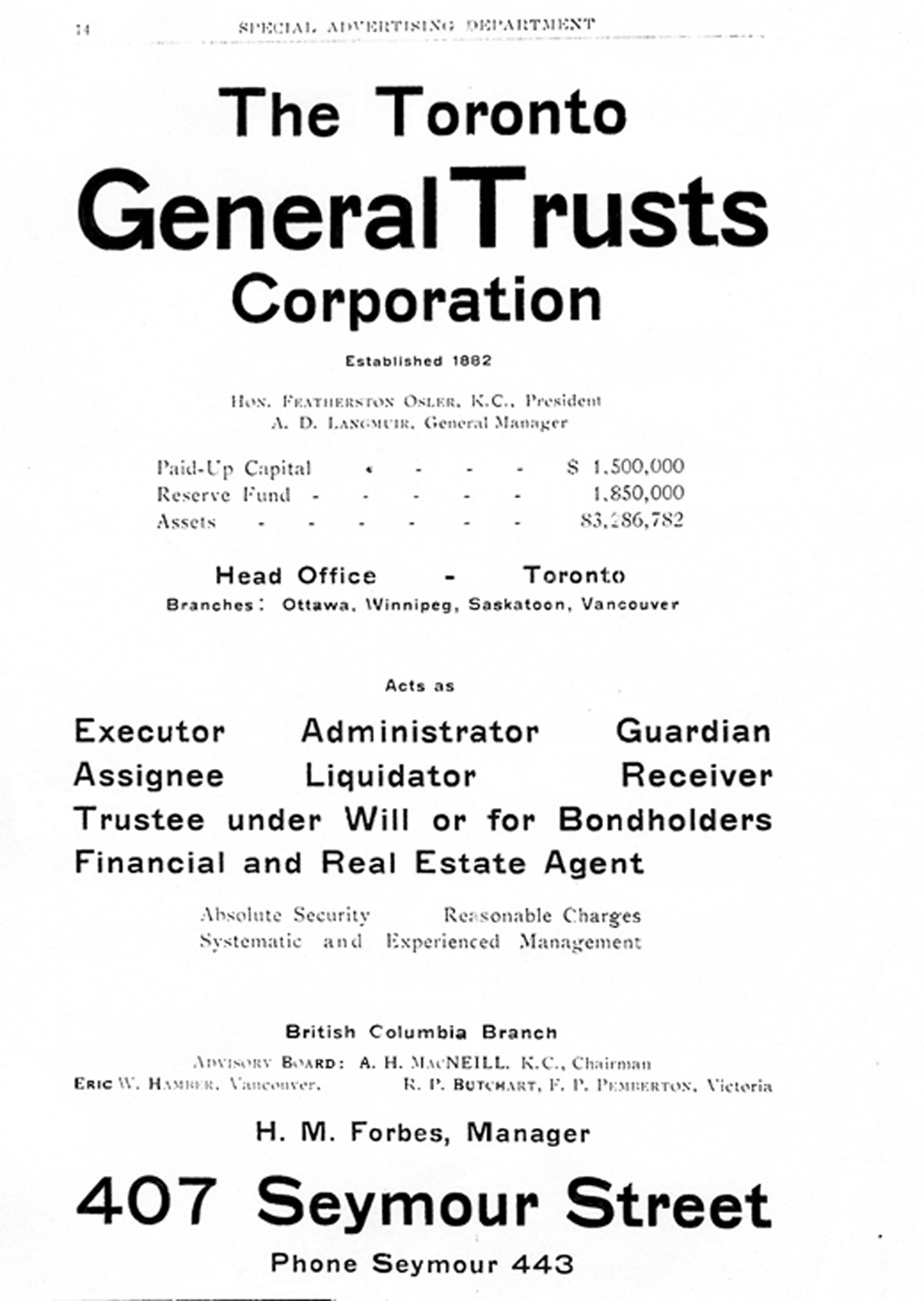 1921 advertisement for the Toronto General Trusts Corporation. Robert Butchart served on the company's B.C. Advisory Board. (Author's collection)