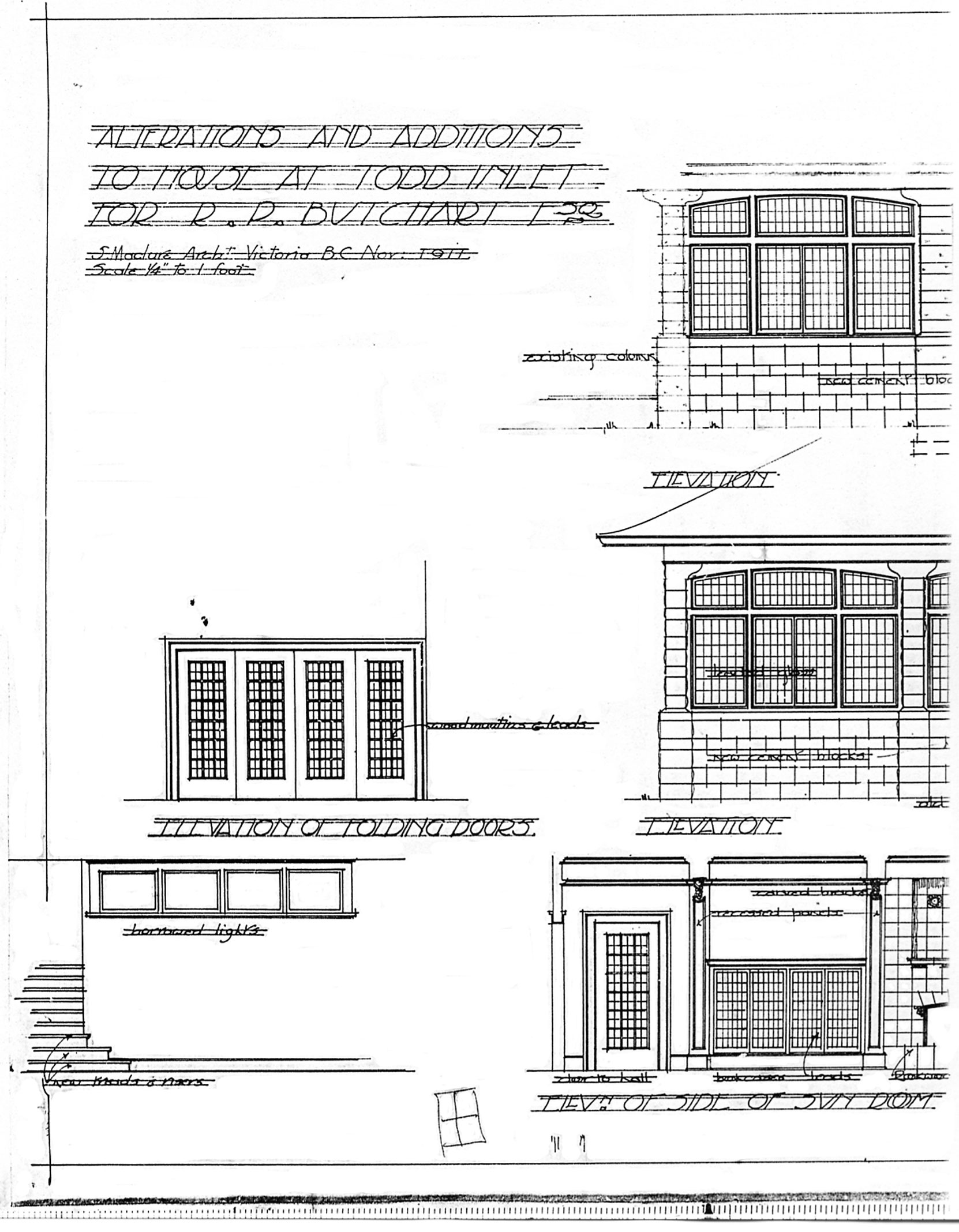 Samuel Maclure architectural drawing in interior and exterior details of the Sunroom Addition at Benvenuto, November 1911. (Courtesy of UVic Library - Special Collections)