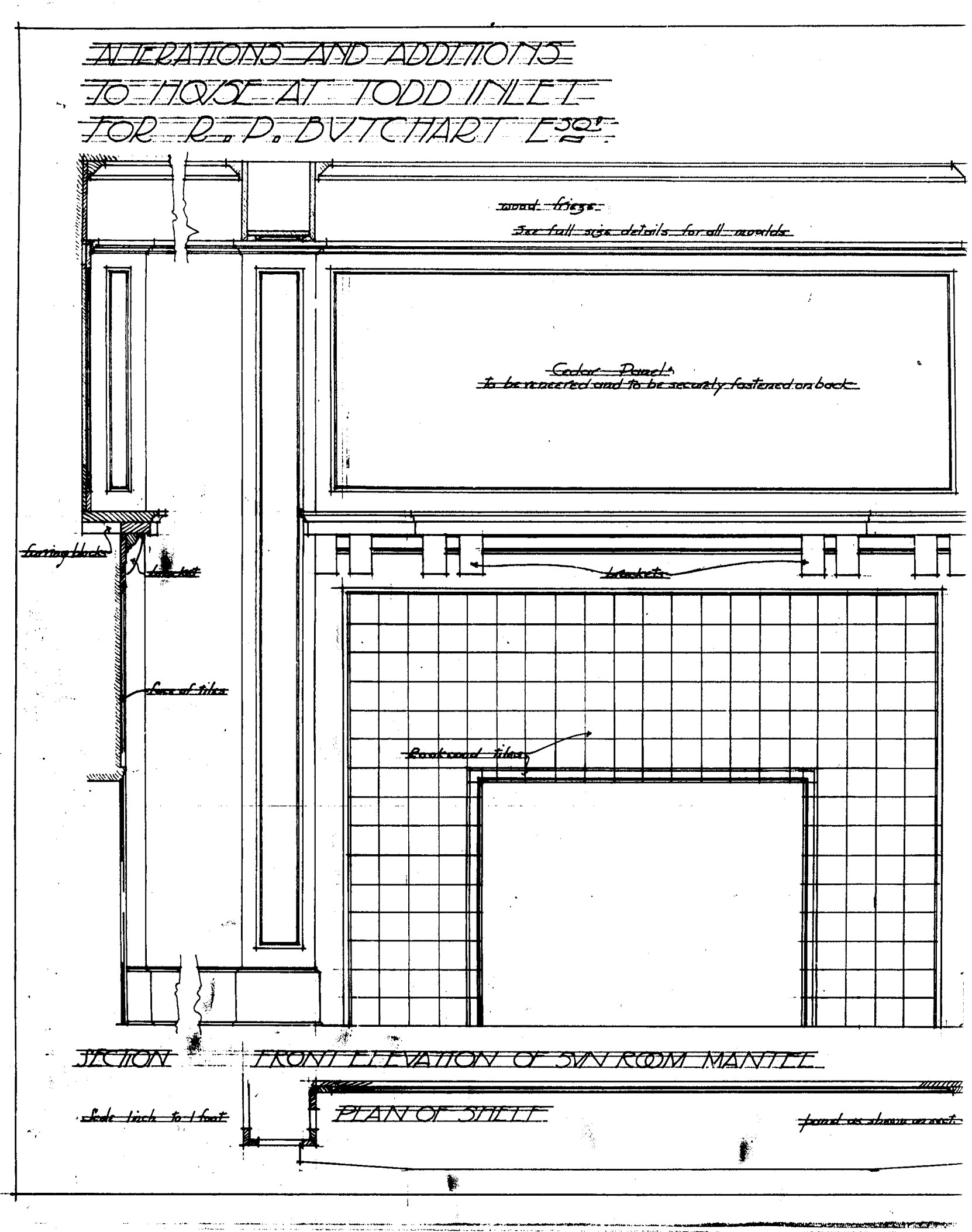 Samuel Maclure architectural drawing of the Sun Romm Mantle interior detail of the Sunroom Addition at Benvenuto, December 1911. (Courtesy of UVic Library - Special Collections)