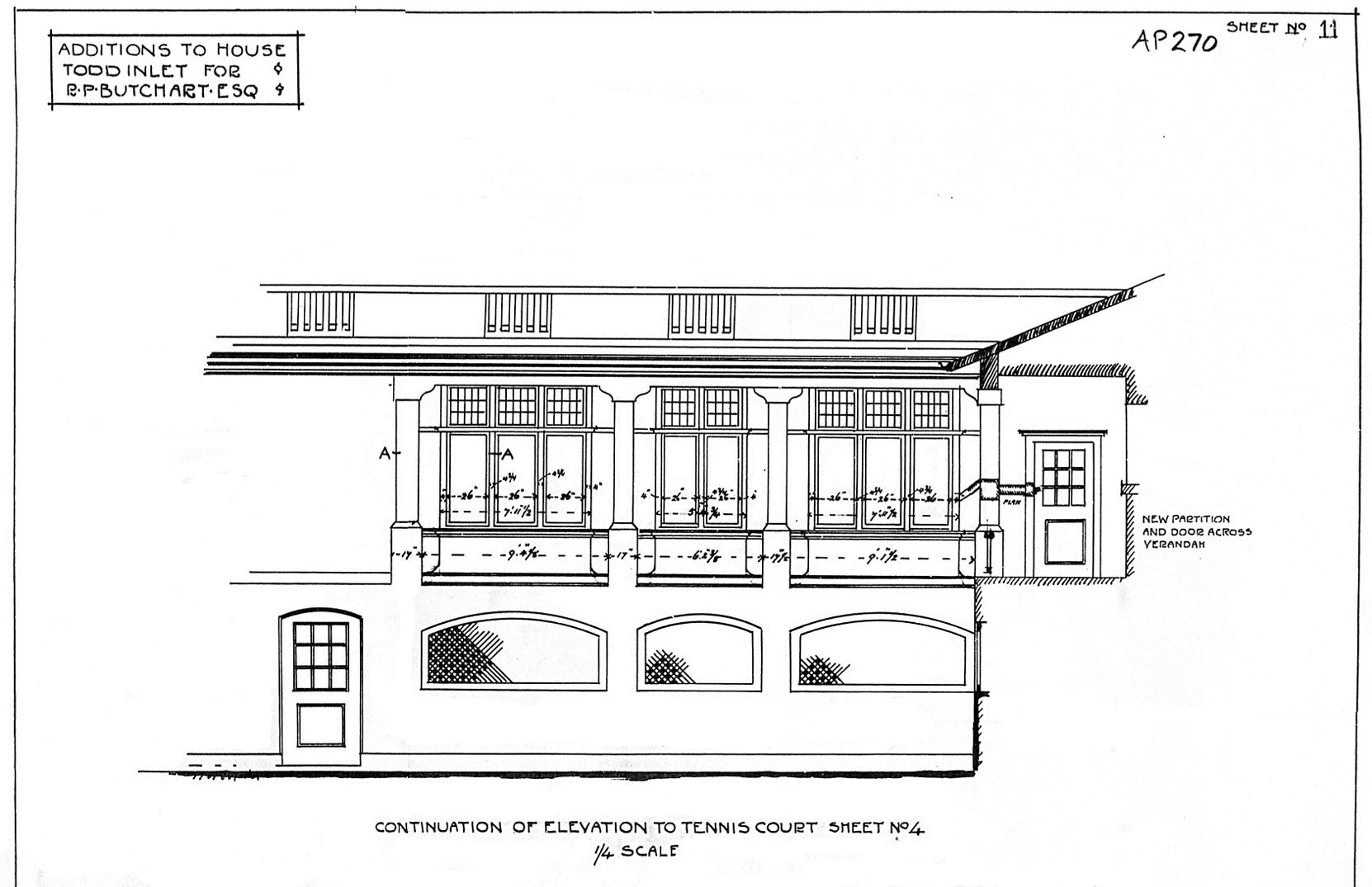 Samuel Maclure drawing of the addition to the east side of Benvenuto, north elevation (now facing the Italian Garden), 1913 (Courtesy of UVic Library - Special Collections)