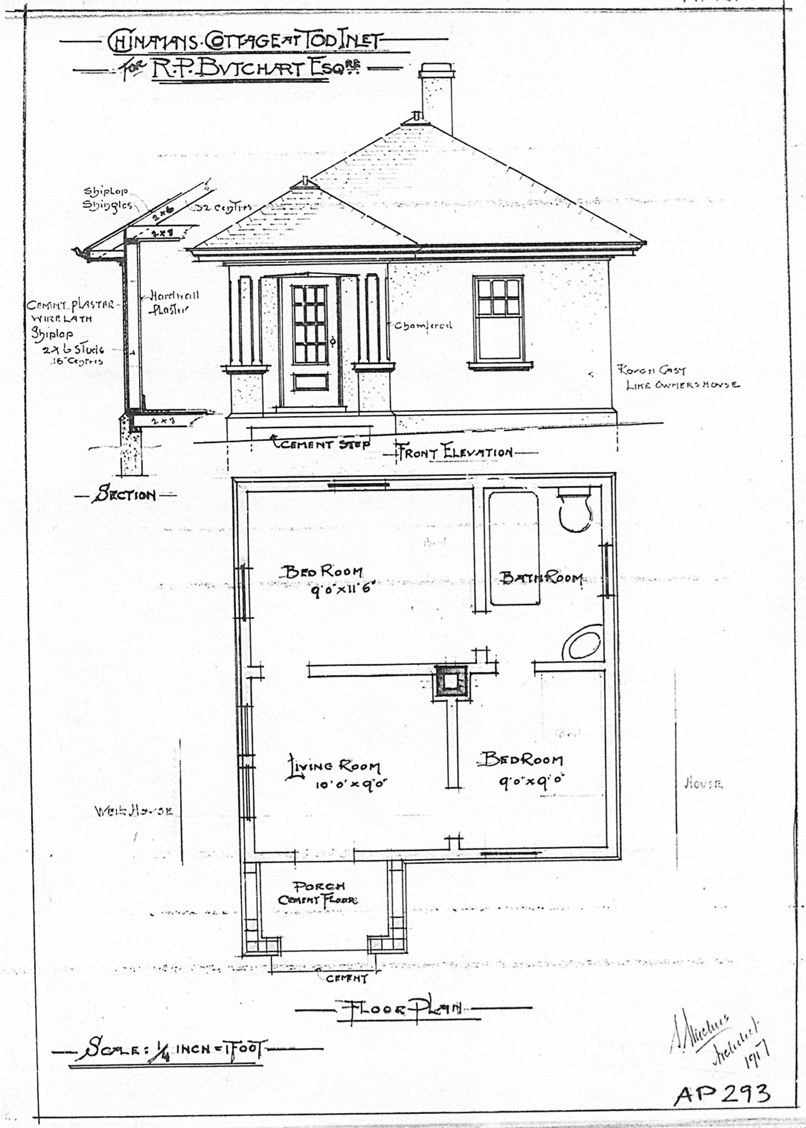 Samuel Maclure architectural drawing of the "Chinaman's Cottage" for Robert Butchart, Esq., 1917 (courtesy of UVic Library - Special Collections)