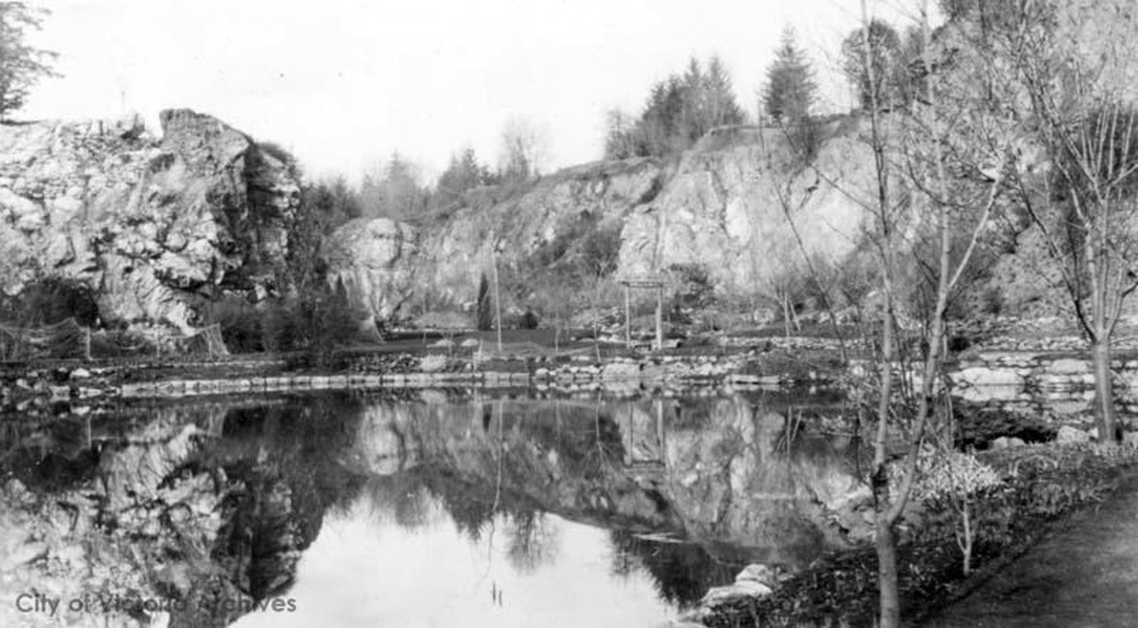 The Sunken Garden and the Trout Pond, looking north, circa 1910. (City of Victoria Archives photo M05818)